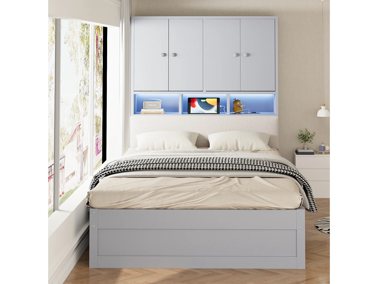 Lit enfant 90x200 cm en bois gris avec tête de lit avec rangement, éclairage LED, 2 tiroirs, prise, sans matelas