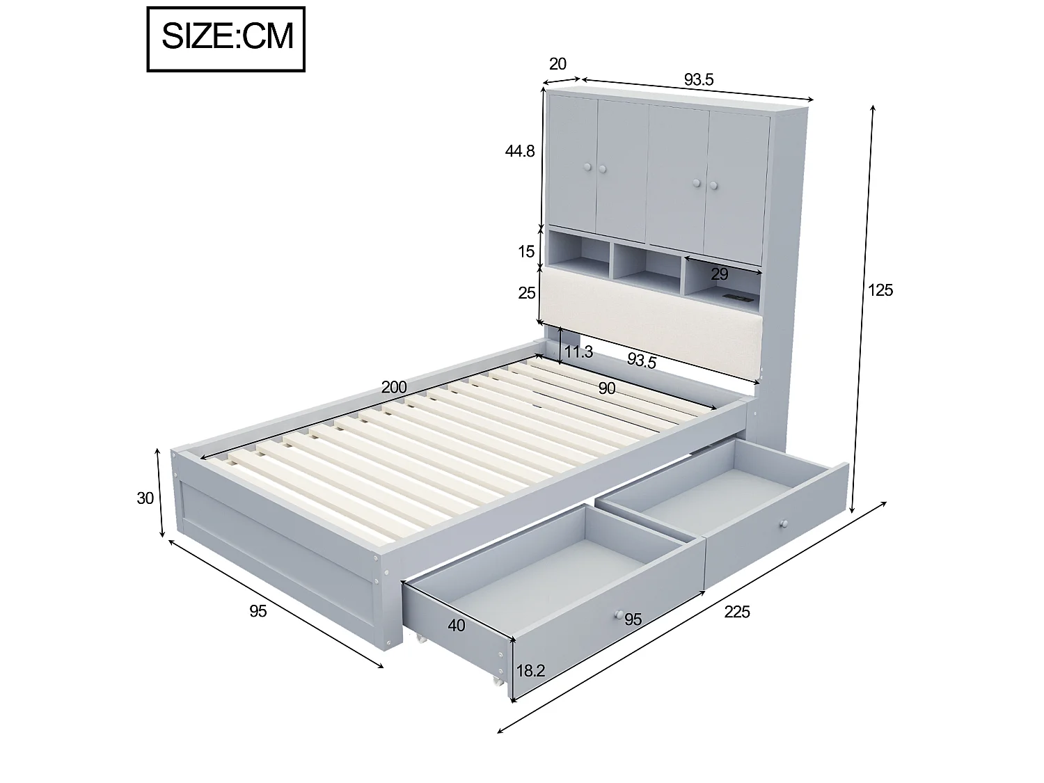 Lit enfant 90x200 cm en bois gris avec tête de lit avec rangement, éclairage LED, 2 tiroirs, prise, sans matelas