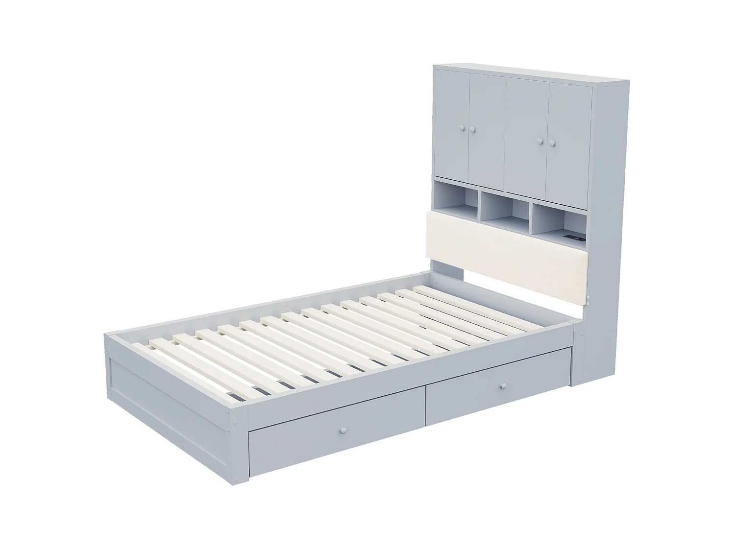 Lit enfant 90x200 cm en bois gris avec tête de lit avec rangement, éclairage LED, 2 tiroirs, prise, sans matelas