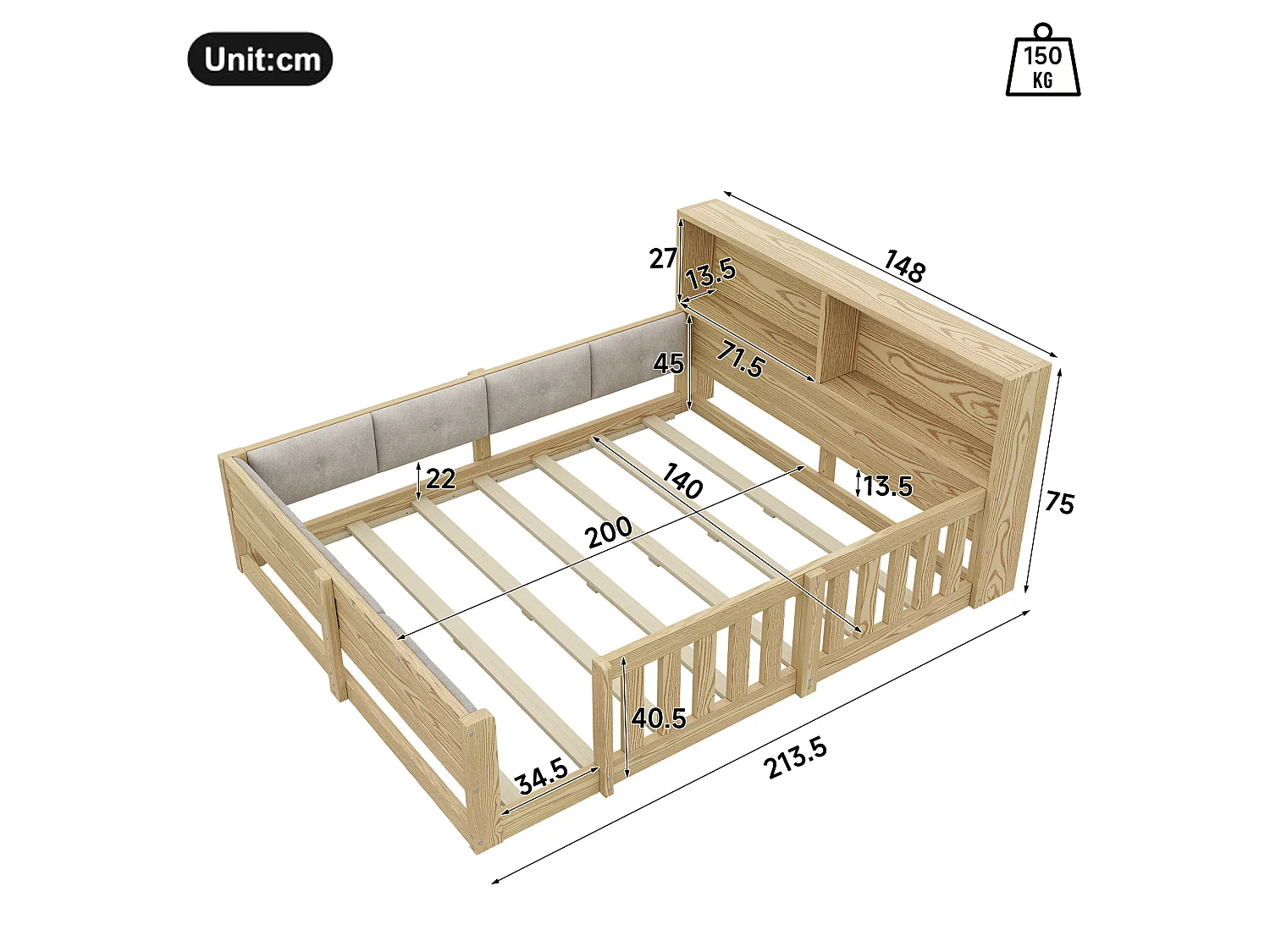 Doppelbett 140x200 cm naturfarben mit LED‑Kopfteil und Stauraum, Sicherheitsgeländern, ohne Matratze