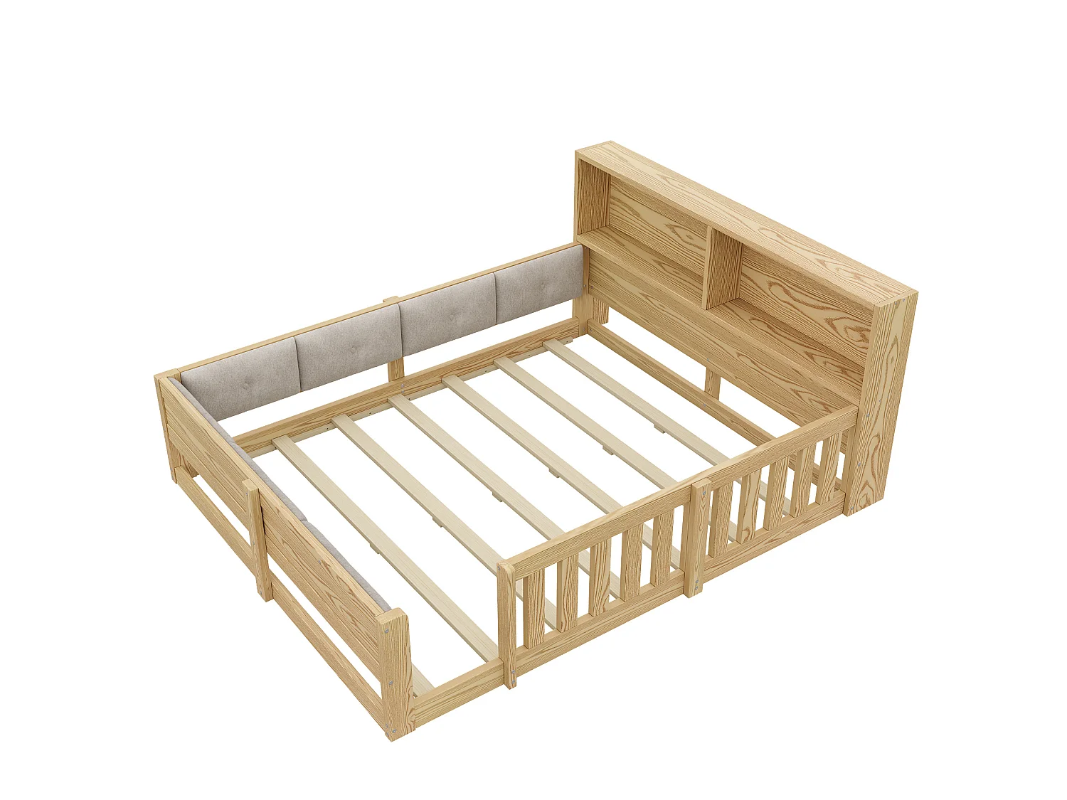Doppelbett 140x200 cm naturfarben mit LED‑Kopfteil und Stauraum, Sicherheitsgeländern, ohne Matratze