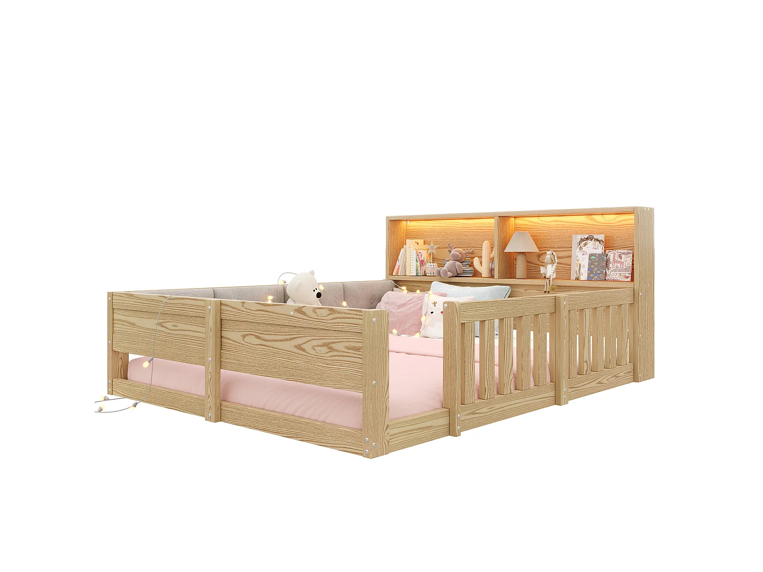 Doppelbett 140x200 cm naturfarben mit LED‑Kopfteil und Stauraum, Sicherheitsgeländern, ohne Matratze