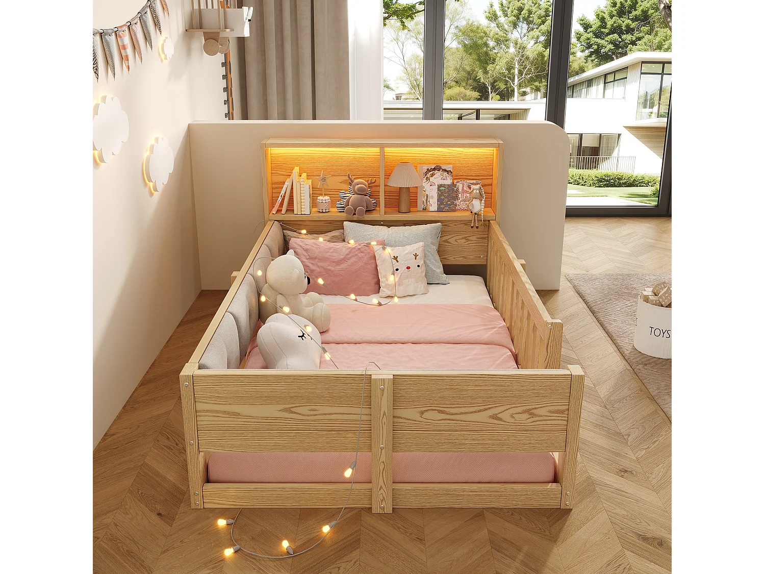 Cama infantil 90x200 cm color natural con cabecero LED con almacenamiento, barreras de seguridad, sin colchón