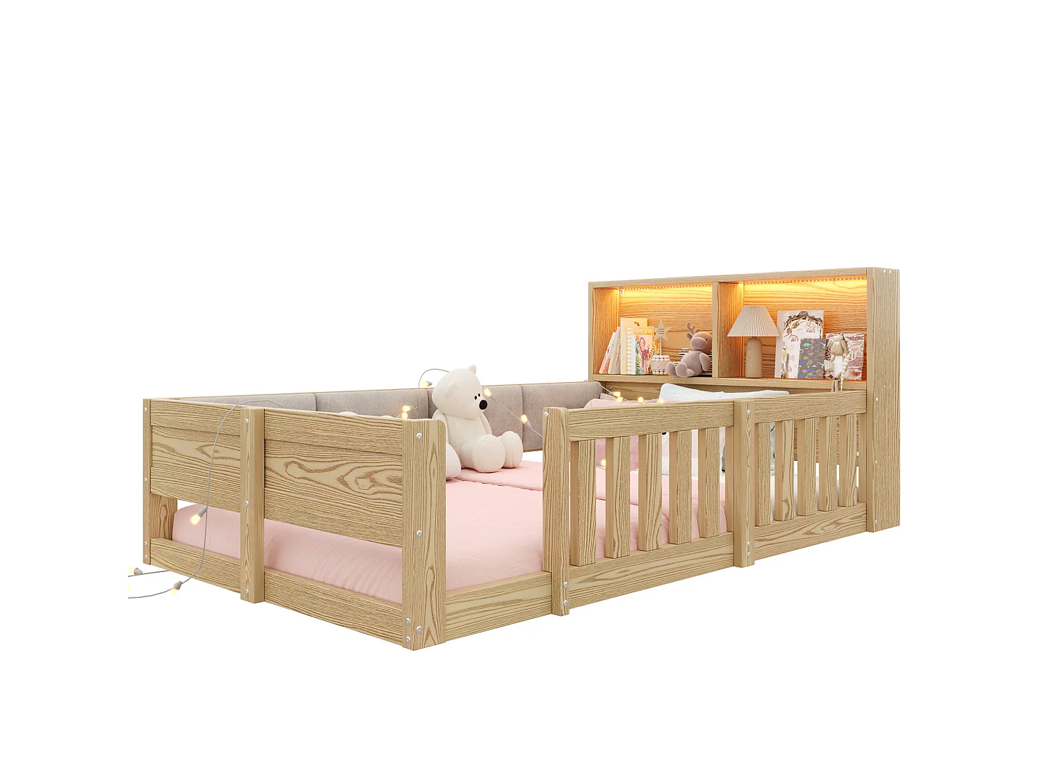 Cama infantil 90x200 cm color natural con cabecero LED con almacenamiento, barreras de seguridad, sin colchón