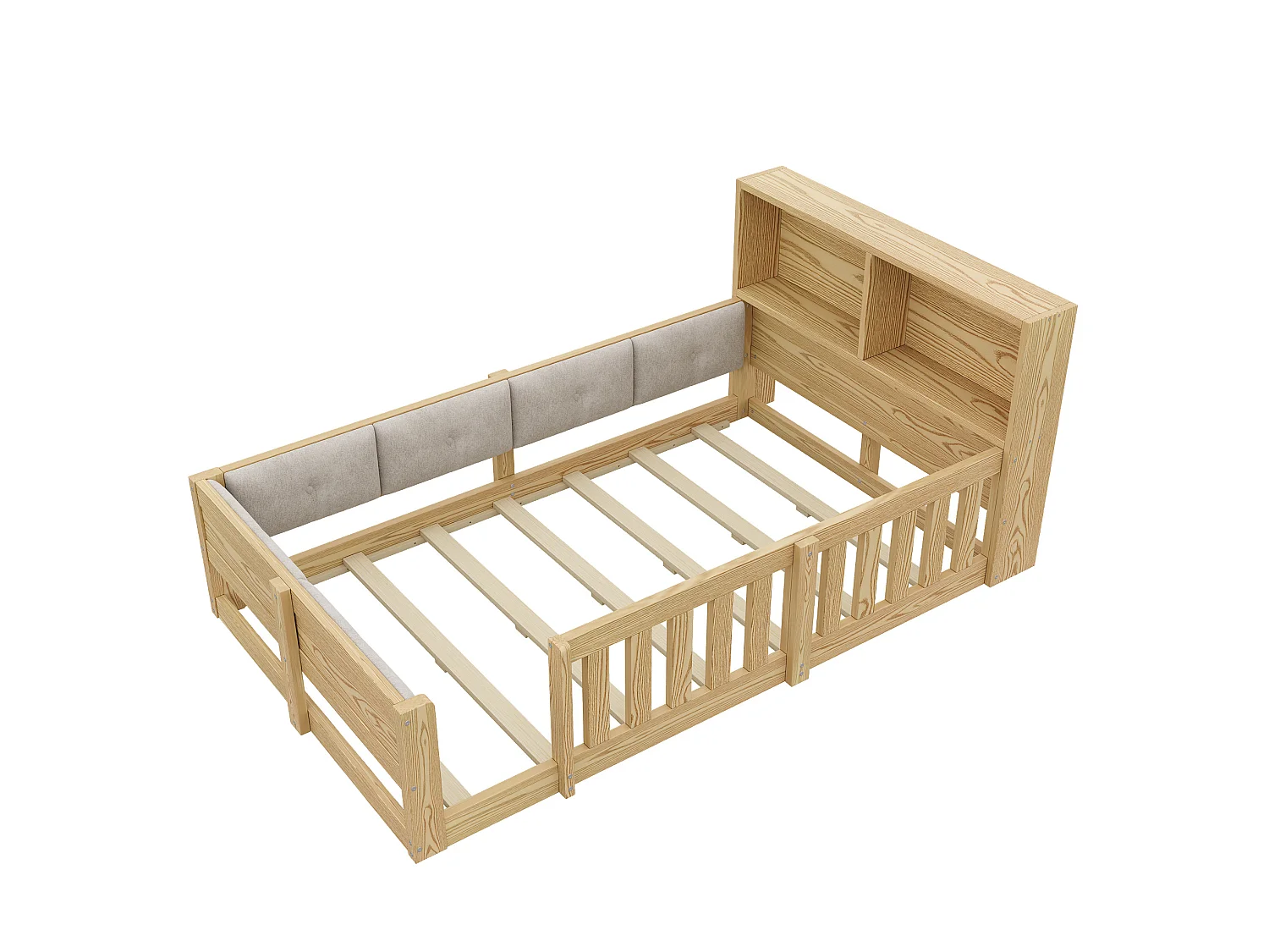 Cama infantil 90x200 cm color natural con cabecero LED con almacenamiento, barreras de seguridad, sin colchón