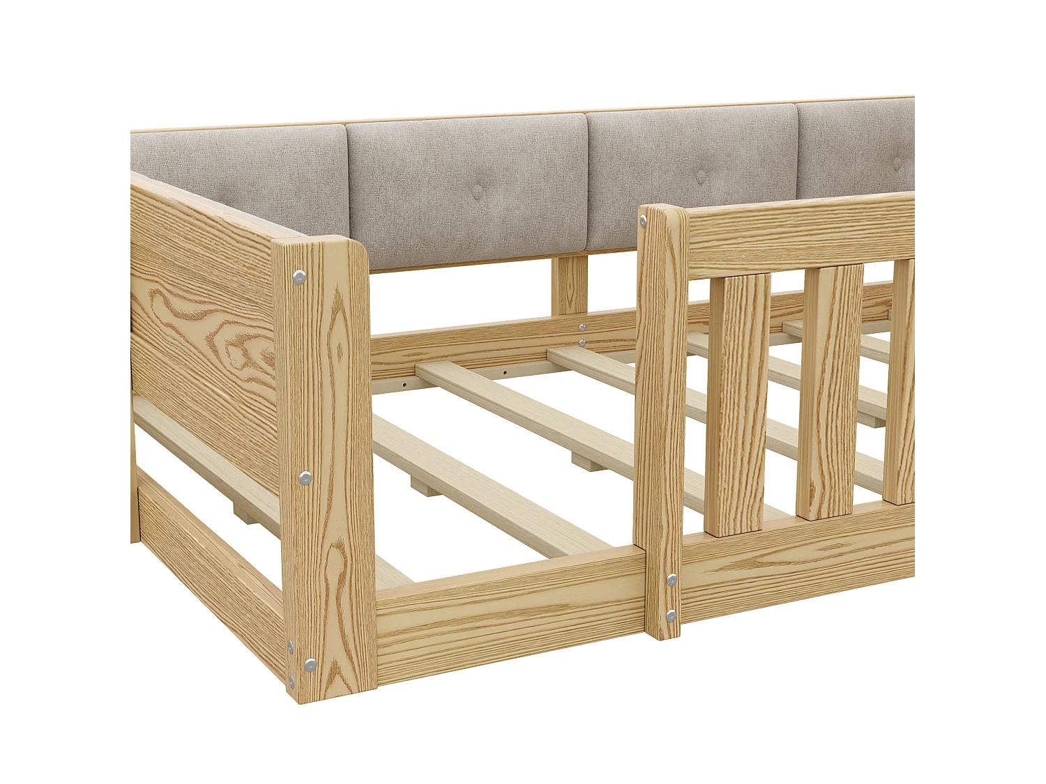 Cama infantil 90x200 cm color natural con cabecero LED con almacenamiento, barreras de seguridad, sin colchón