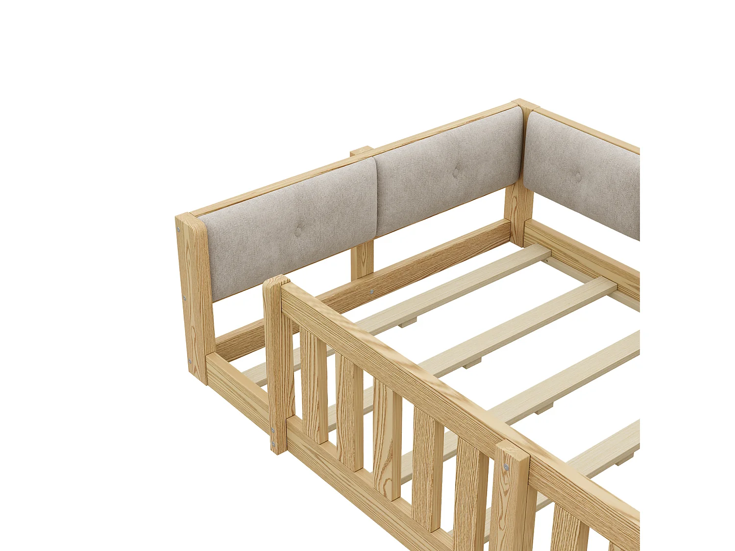 Cama infantil 90x200 cm color natural con cabecero LED con almacenamiento, barreras de seguridad, sin colchón