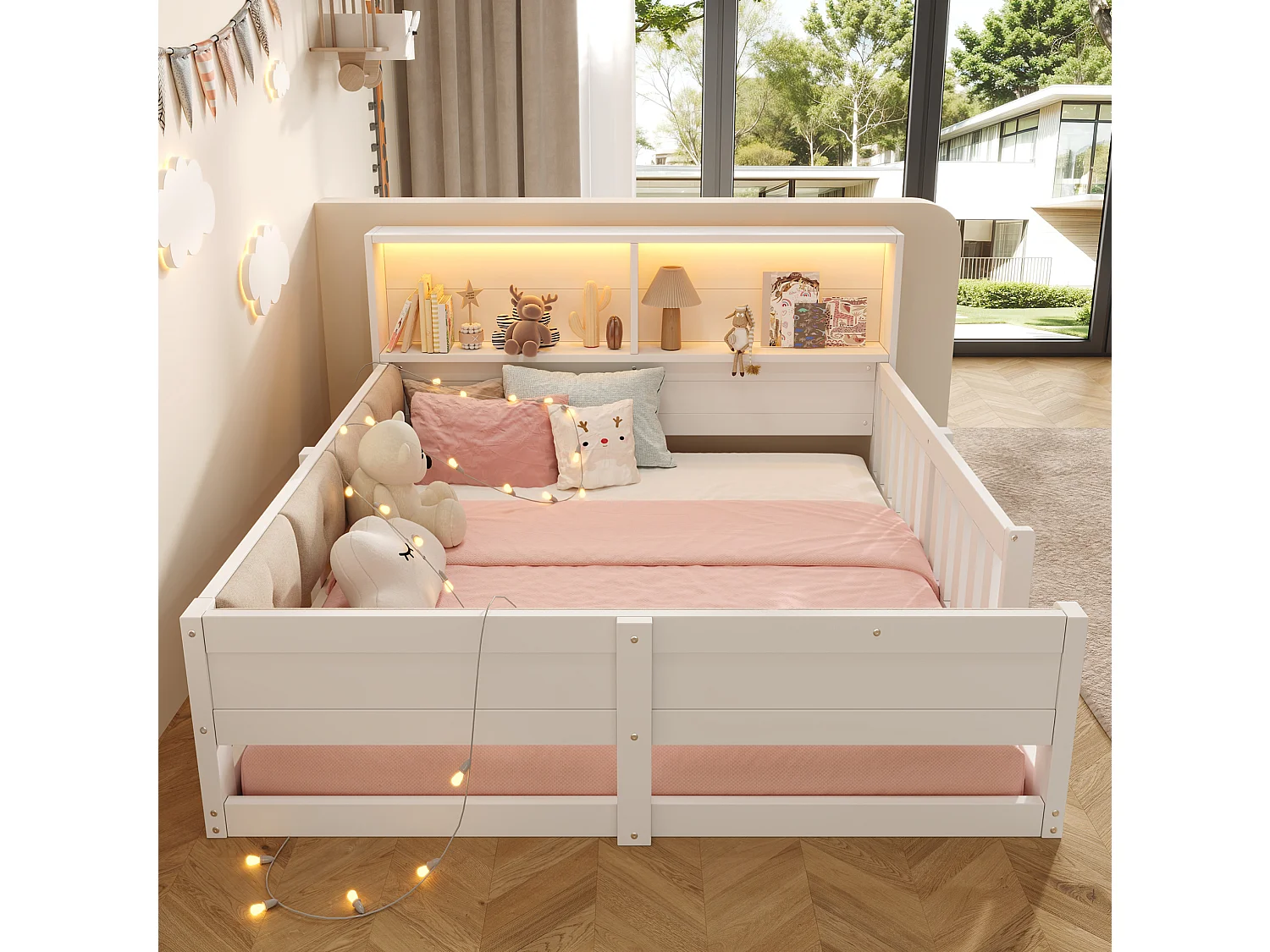 Cama doble 140x200 cm blanca con cabecero LED con almacenamiento, barreras de seguridad, sin colchón
