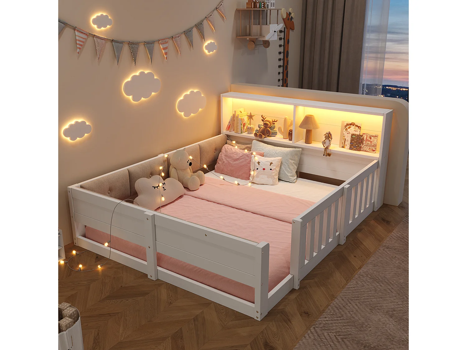 Cama doble 140x200 cm blanca con cabecero LED con almacenamiento, barreras de seguridad, sin colchón