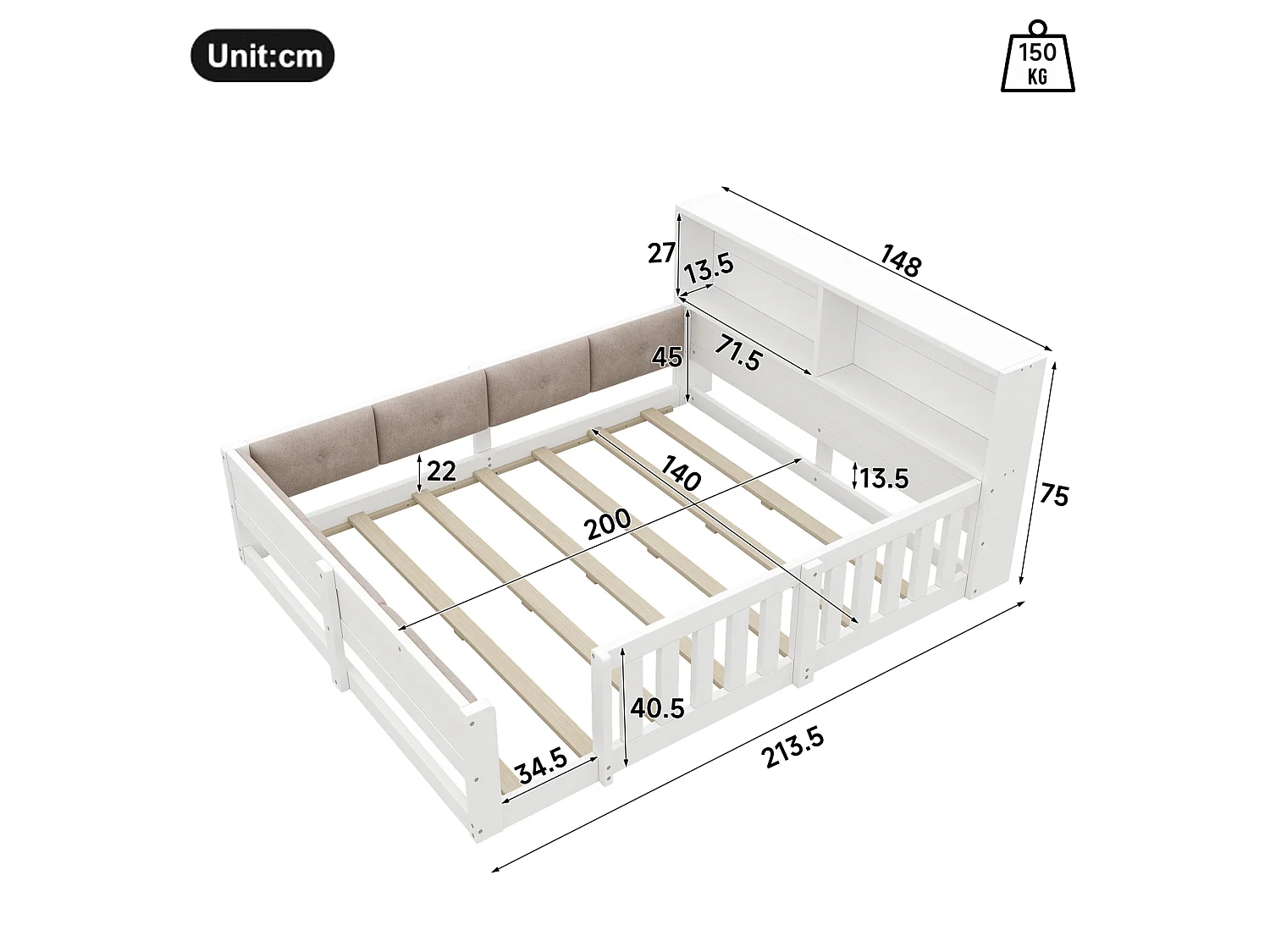 Cama doble 140x200 cm blanca con cabecero LED con almacenamiento, barreras de seguridad, sin colchón