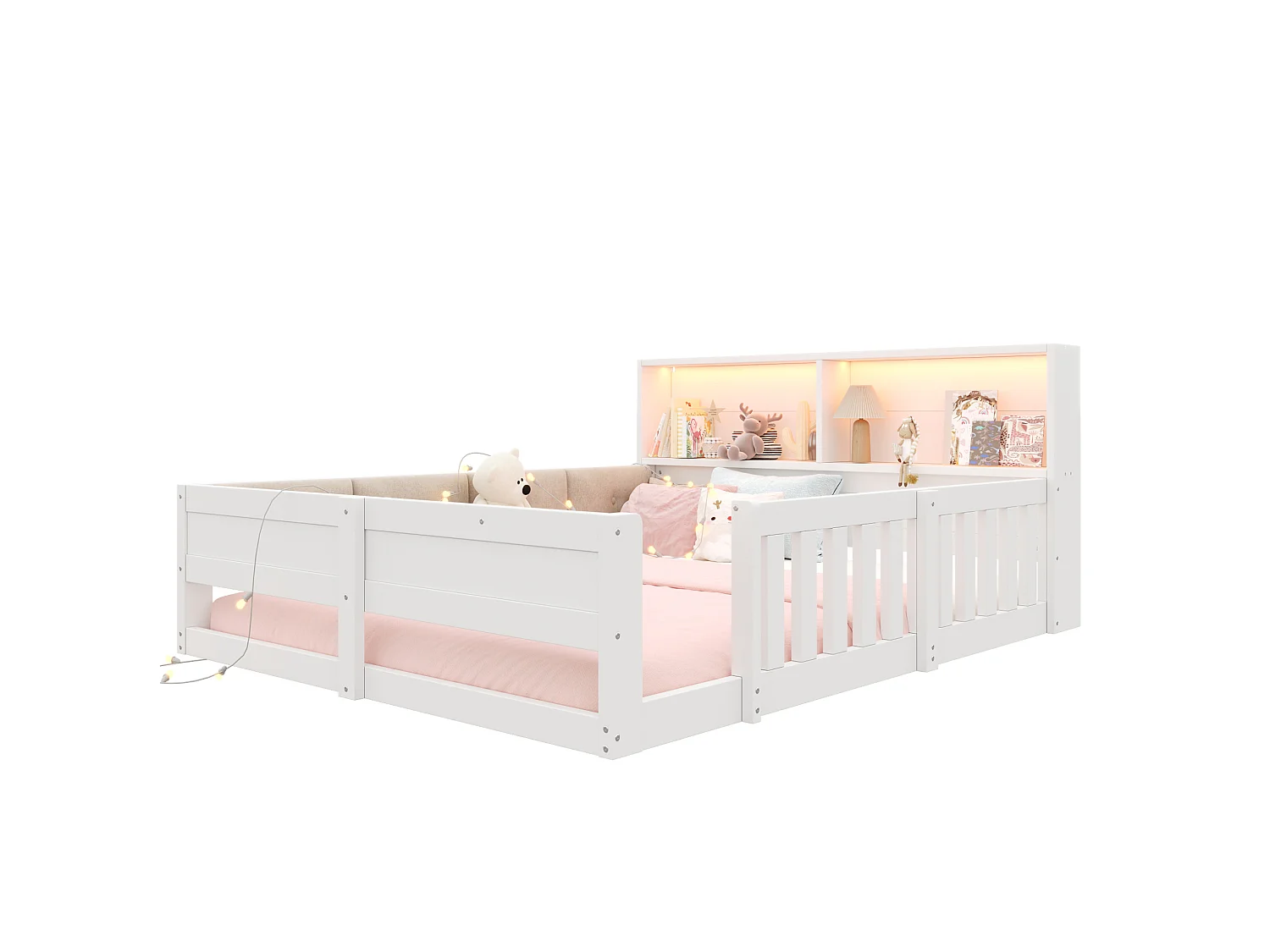 Cama doble 140x200 cm blanca con cabecero LED con almacenamiento, barreras de seguridad, sin colchón