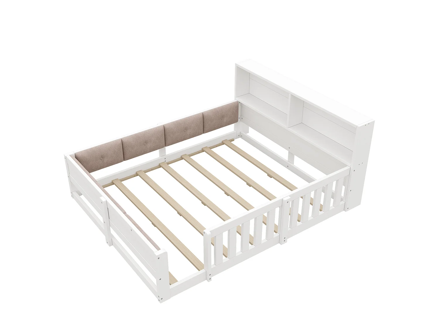 Cama doble 140x200 cm blanca con cabecero LED con almacenamiento, barreras de seguridad, sin colchón