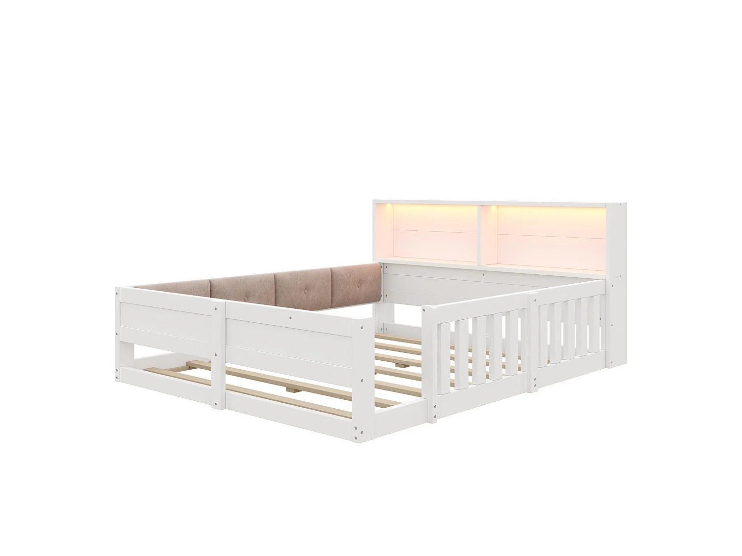 Cama doble 140x200 cm blanca con cabecero LED con almacenamiento, barreras de seguridad, sin colchón
