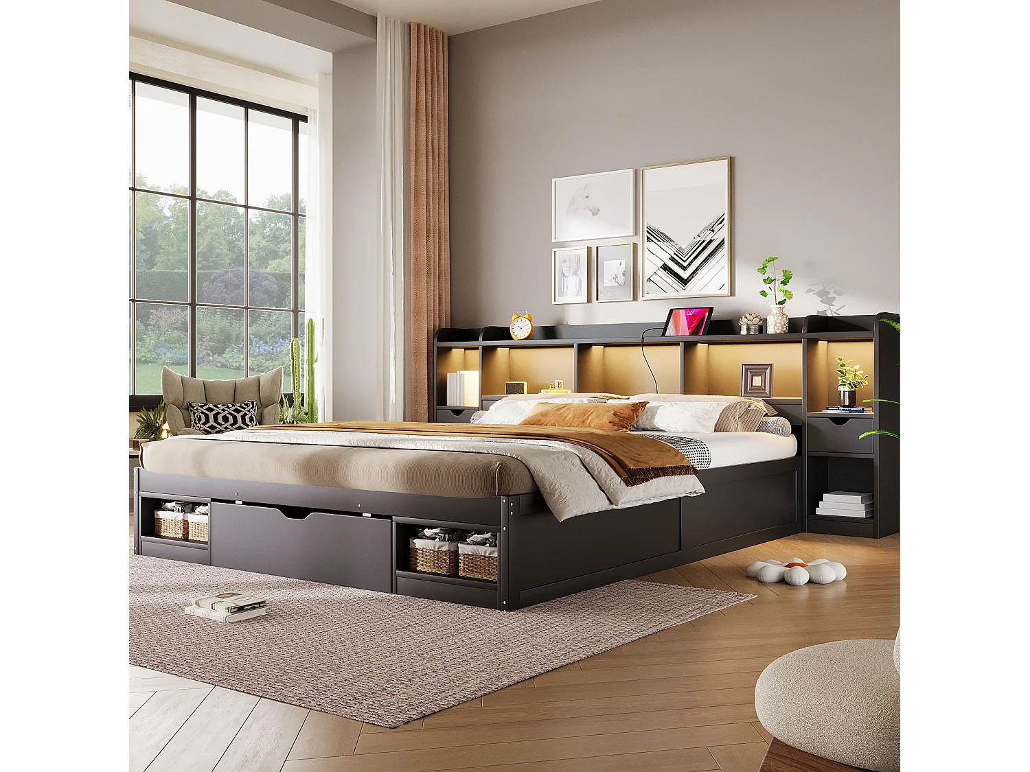 Cama baúl 180x200 cm de madera negra con cabecero con almacenamiento, iluminación LED, puerto USB y 3 cajones, sin colchón