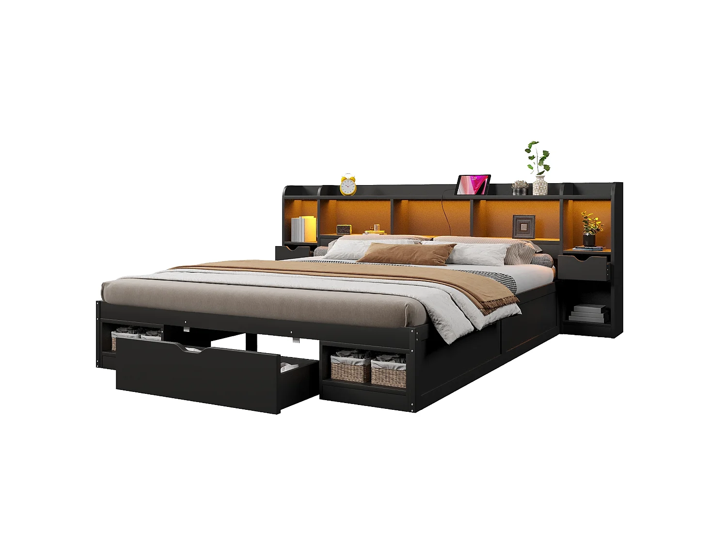 Cama baúl 180x200 cm de madera negra con cabecero con almacenamiento, iluminación LED, puerto USB y 3 cajones, sin colchón