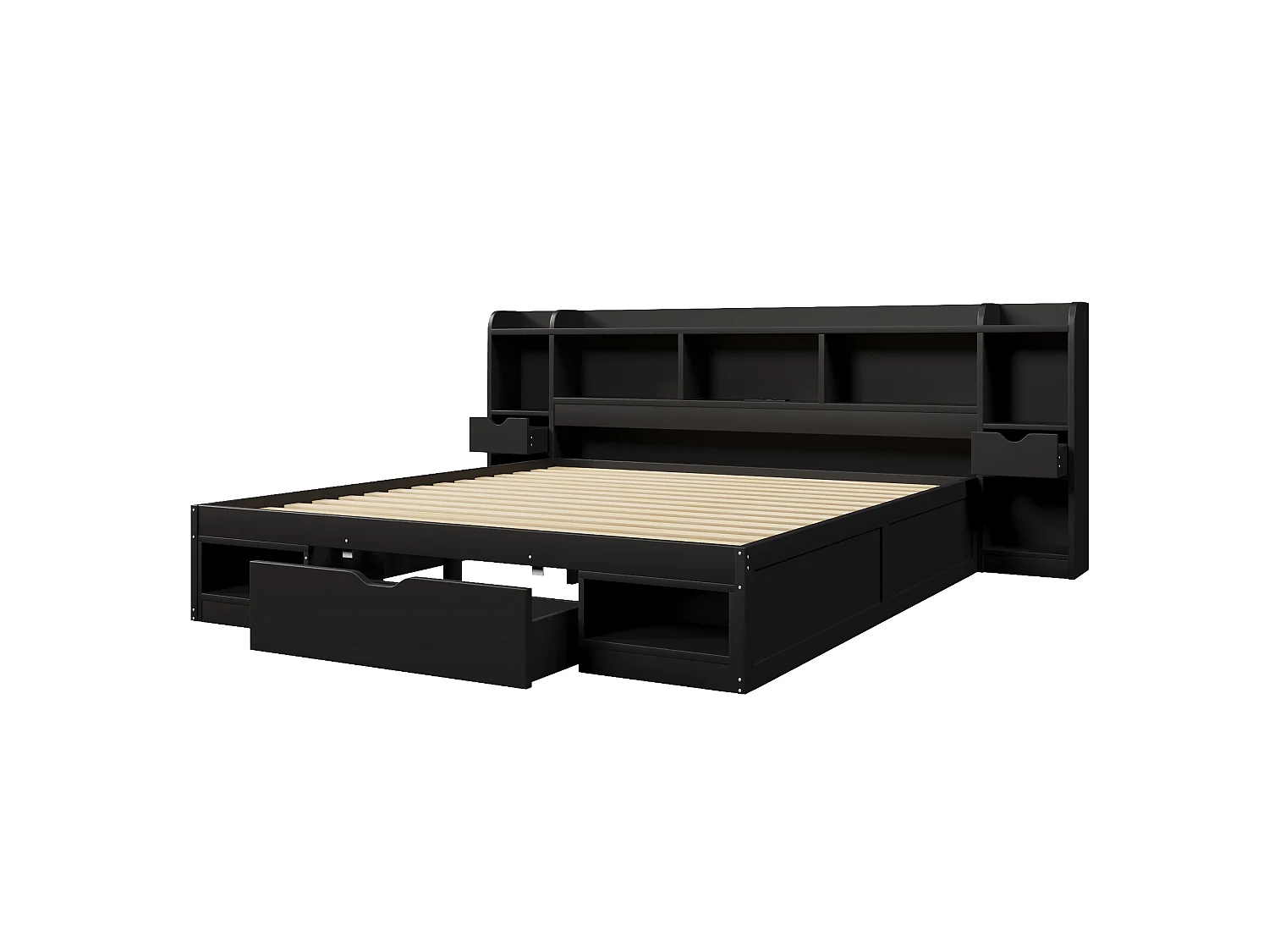 Cama baúl 180x200 cm de madera negra con cabecero con almacenamiento, iluminación LED, puerto USB y 3 cajones, sin colchón