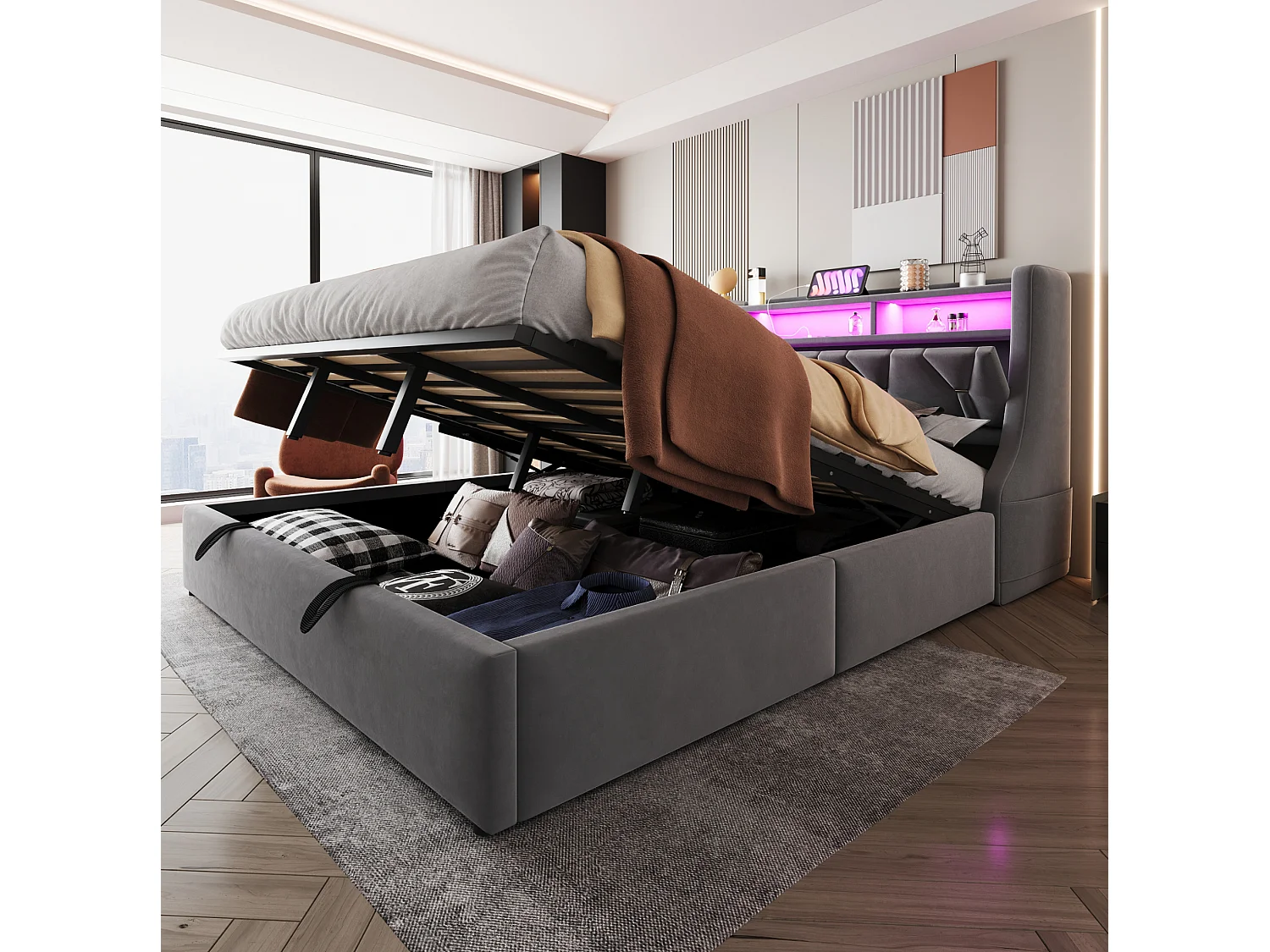 Opbergbed 180x200 cm van grijs fluweel met opbergruimte in het hoofdeinde, LED‑verlichting, USB‑C‑poorten, zonder matras