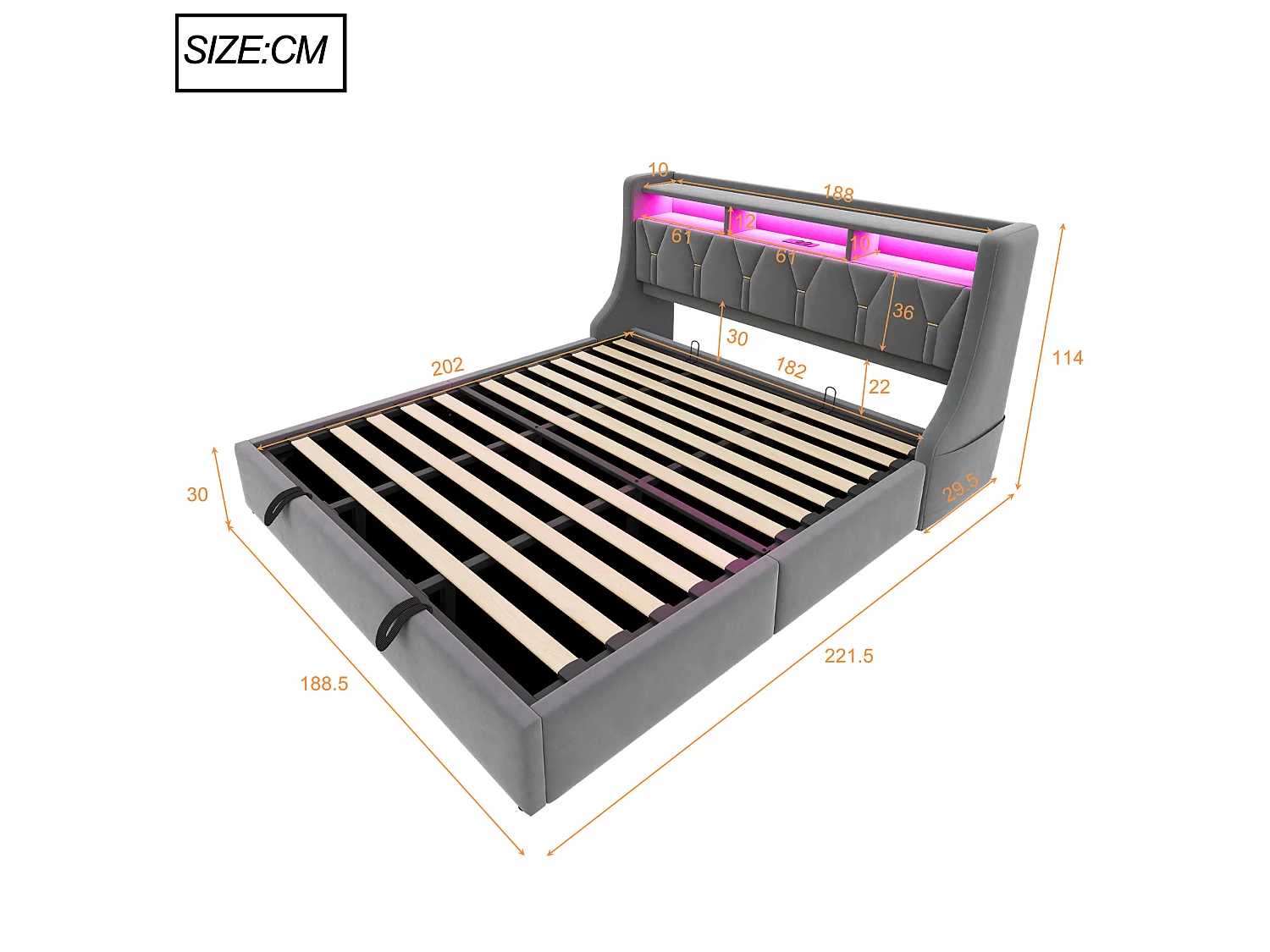 Opbergbed 180x200 cm van grijs fluweel met opbergruimte in het hoofdeinde, LED‑verlichting, USB‑C‑poorten, zonder matras