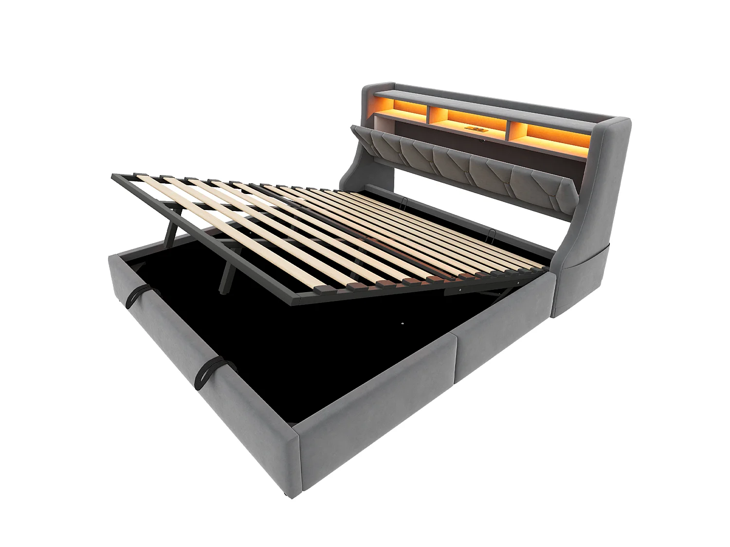 Opbergbed 180x200 cm van grijs fluweel met opbergruimte in het hoofdeinde, LED‑verlichting, USB‑C‑poorten, zonder matras