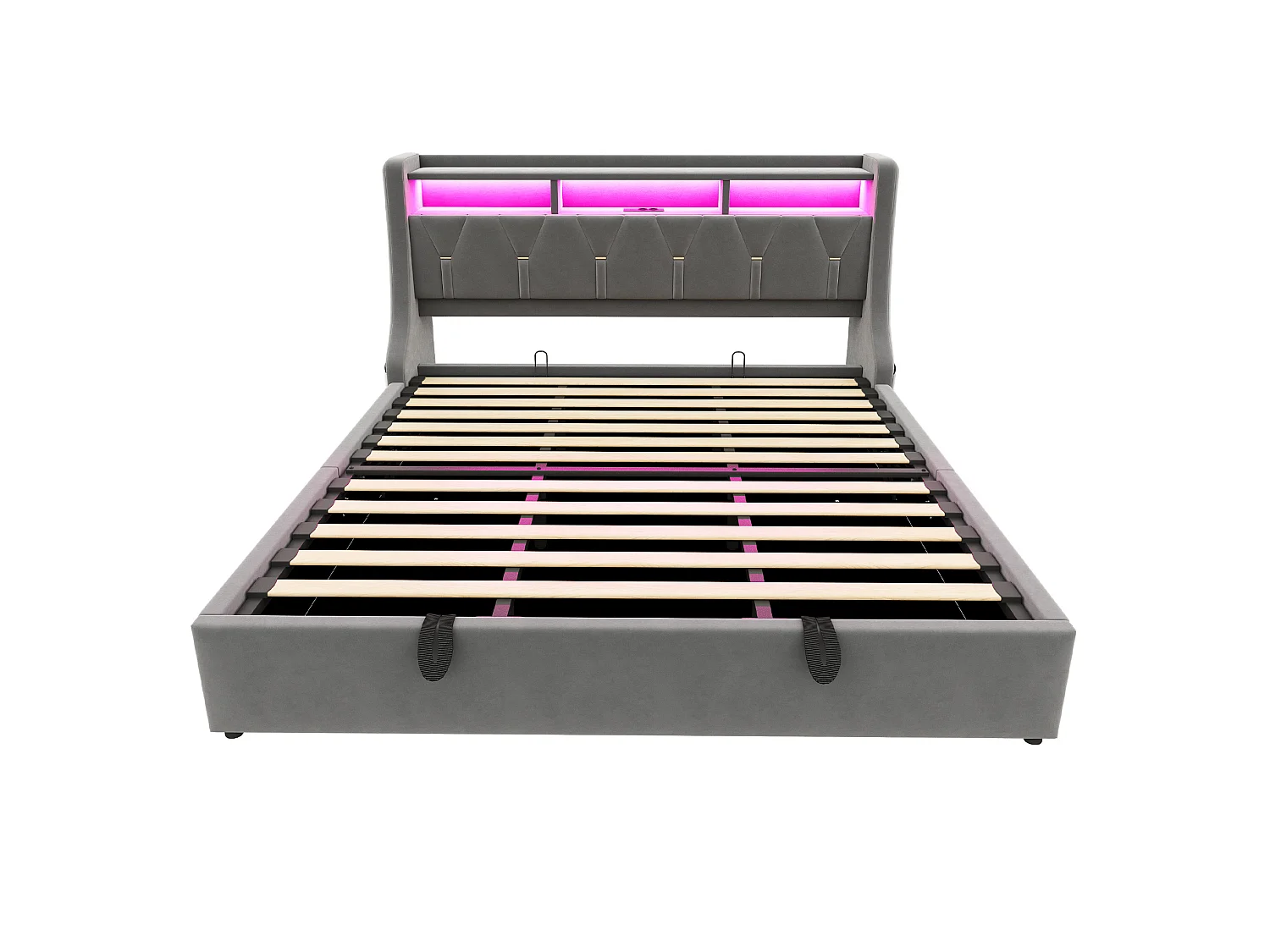 Opbergbed 180x200 cm van grijs fluweel met opbergruimte in het hoofdeinde, LED‑verlichting, USB‑C‑poorten, zonder matras