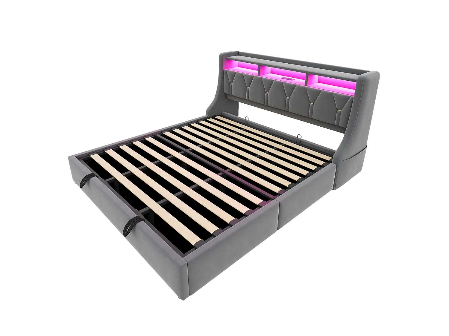 Opbergbed 180x200 cm van grijs fluweel met opbergruimte in het hoofdeinde, LED‑verlichting, USB‑C‑poorten, zonder matras