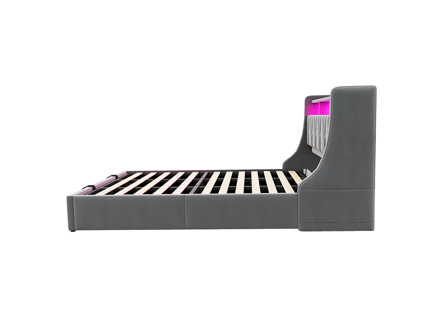 Opbergbed 180x200 cm van grijs fluweel met opbergruimte in het hoofdeinde, LED‑verlichting, USB‑C‑poorten, zonder matras