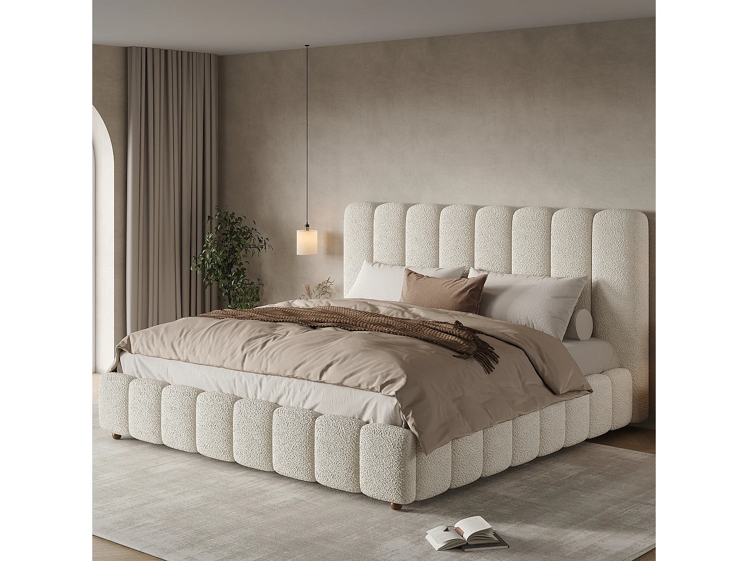 Cama baúl 160x200 cm de tejido blanco con cabecero y somier de láminas, sin colchón