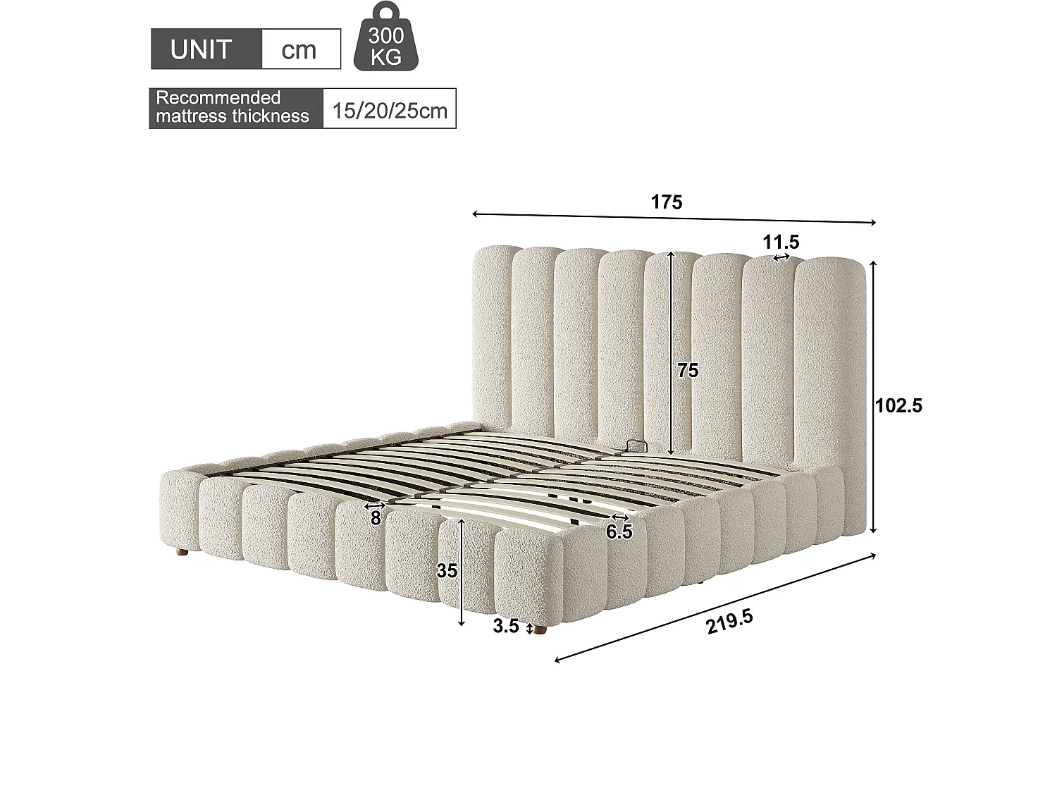 Cama baúl 160x200 cm de tejido blanco con cabecero y somier de láminas, sin colchón