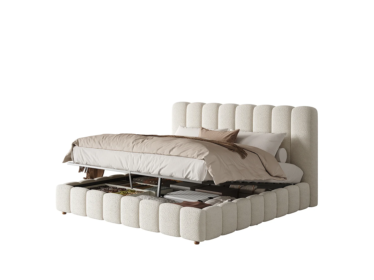 Cama baúl 160x200 cm de tejido blanco con cabecero y somier de láminas, sin colchón