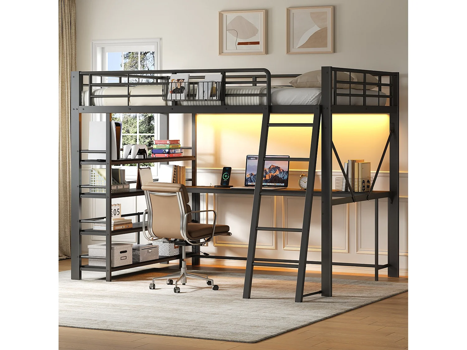 Cama alta 140x200 cm de metal y MDF negro con escritorio, estanterías, iluminación LED y puerto USB, sin colchón
