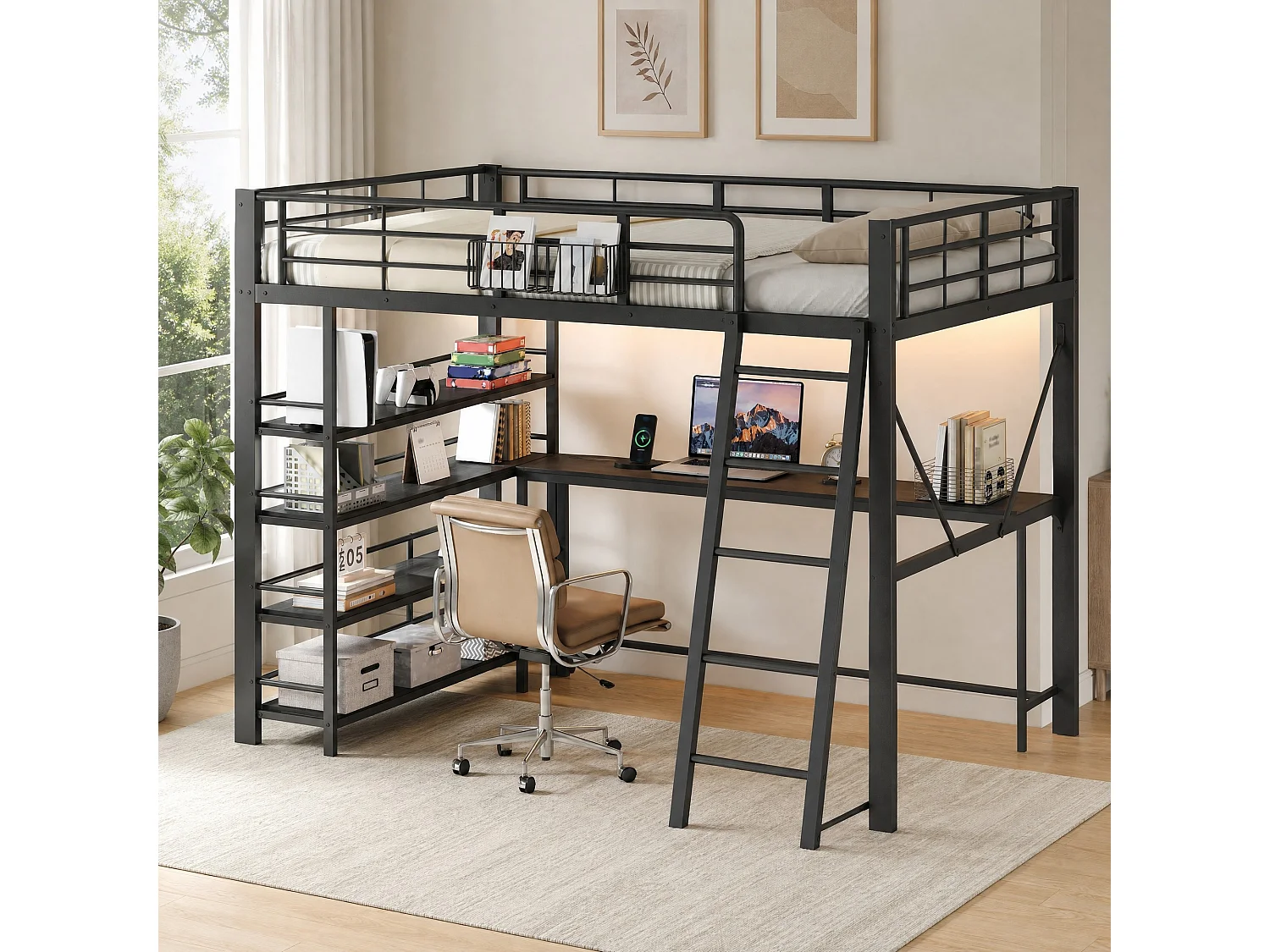 Cama alta 140x200 cm de metal y MDF negro con escritorio, estanterías, iluminación LED y puerto USB, sin colchón