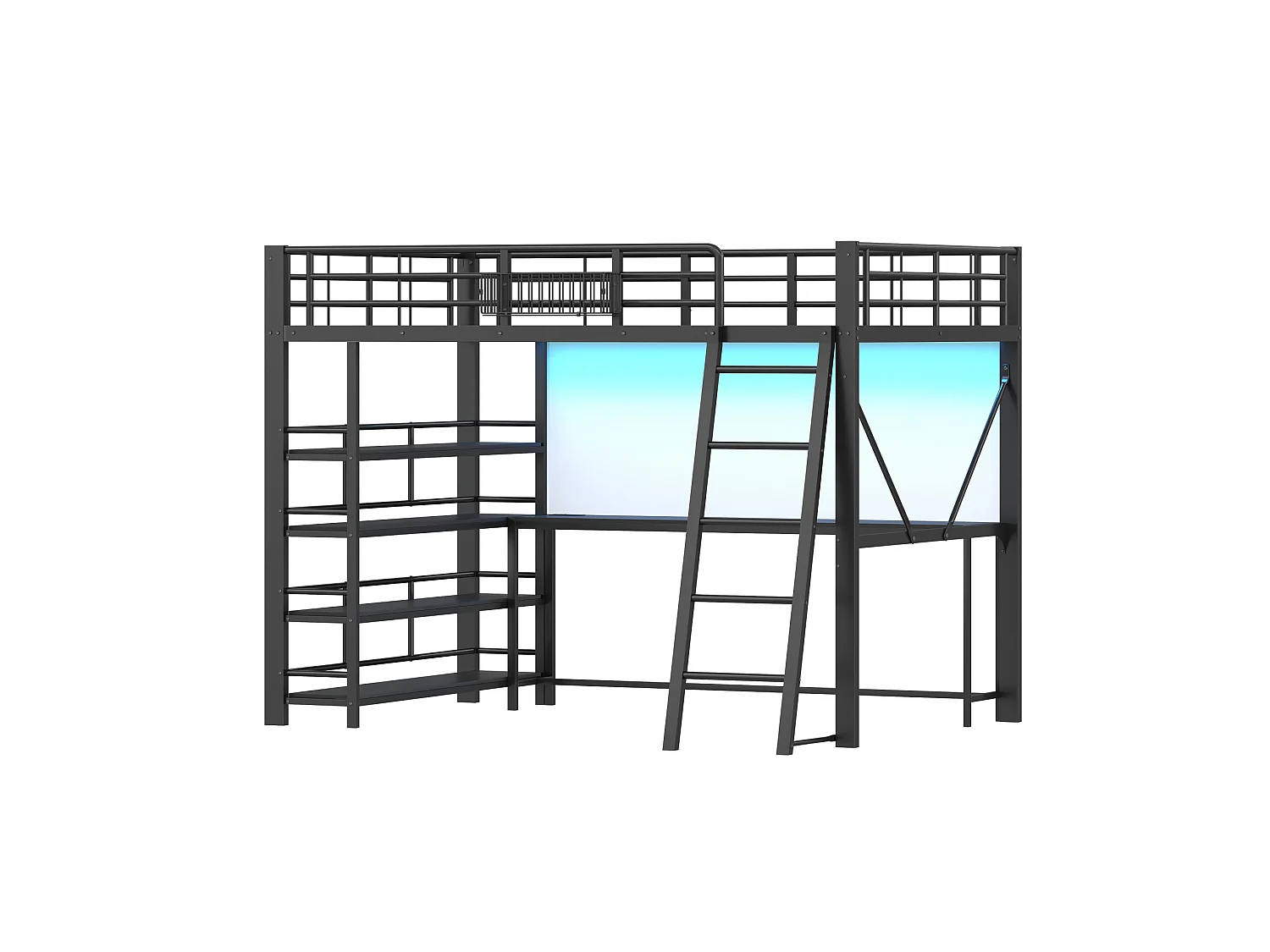 Cama alta 140x200 cm de metal y MDF negro con escritorio, estanterías, iluminación LED y puerto USB, sin colchón