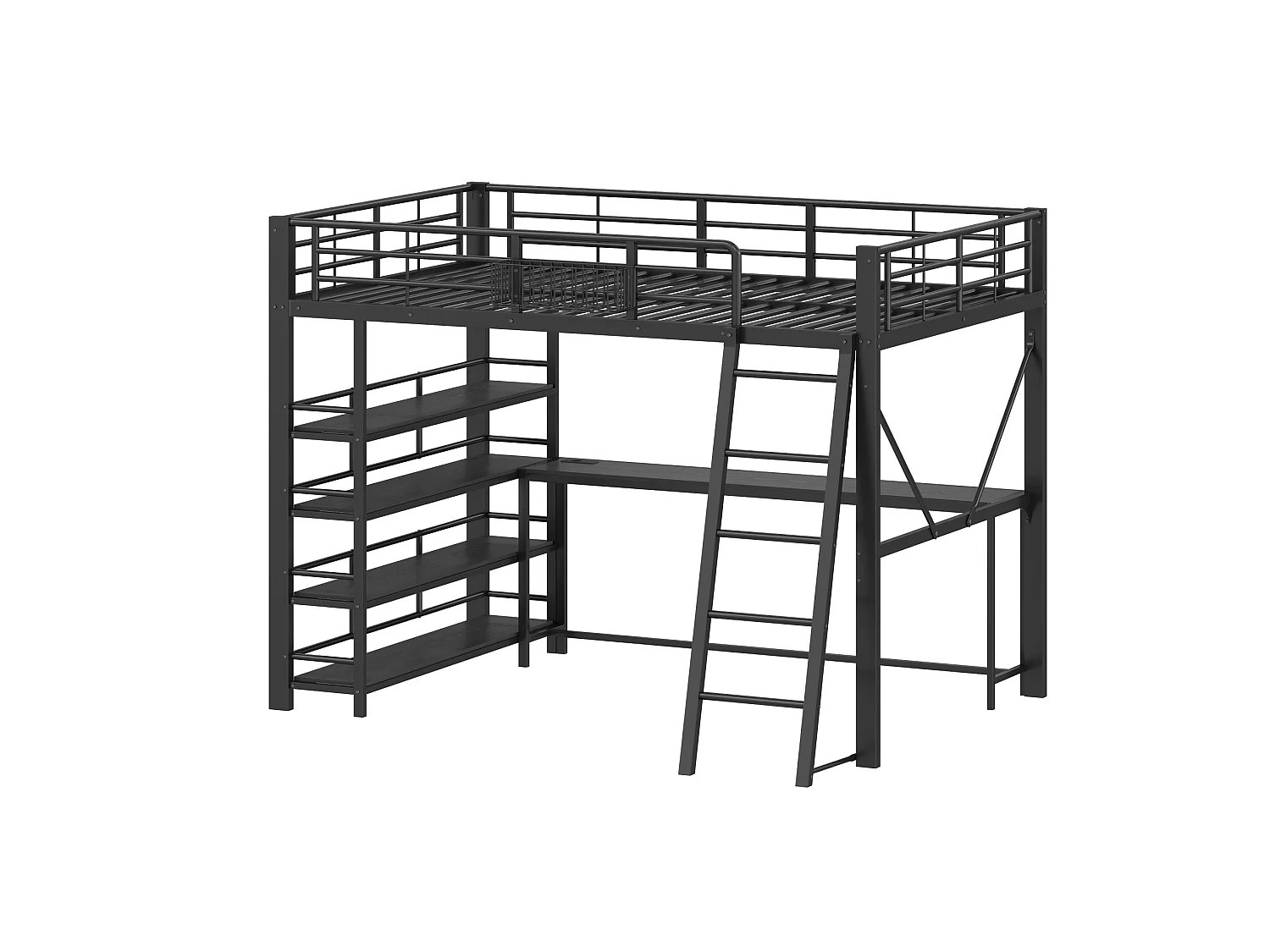 Cama alta 140x200 cm de metal y MDF negro con escritorio, estanterías, iluminación LED y puerto USB, sin colchón
