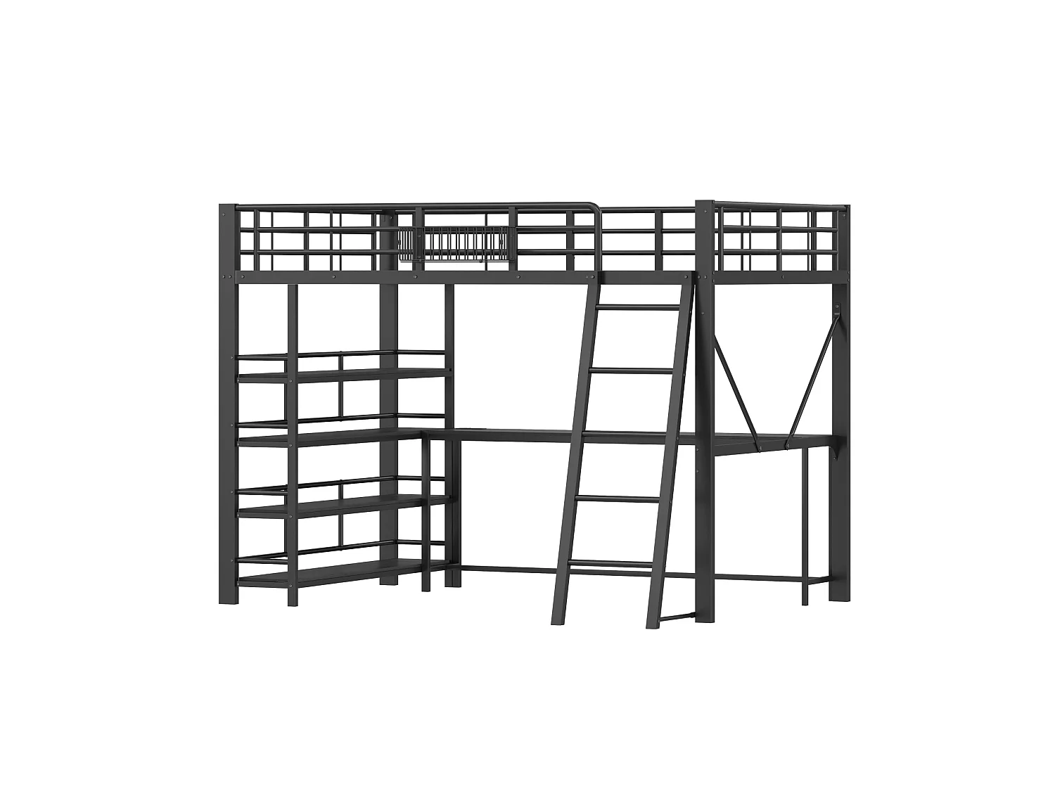 Cama alta 140x200 cm de metal y MDF negro con escritorio, estanterías, iluminación LED y puerto USB, sin colchón