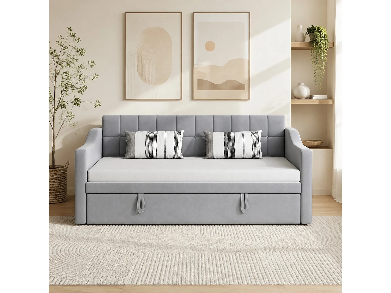 Lit banquette gigogne 90x190 cm en velours gris clair avec poches latérales, port USB, sans matelas