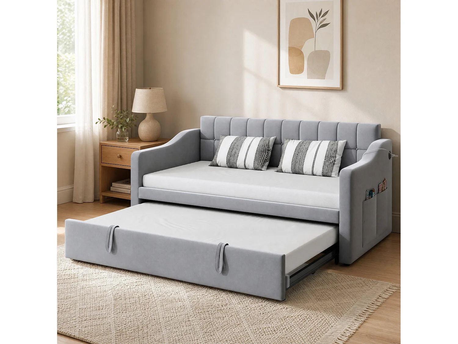 Lit banquette gigogne 90x190 cm en velours gris clair avec poches latérales, port USB, sans matelas