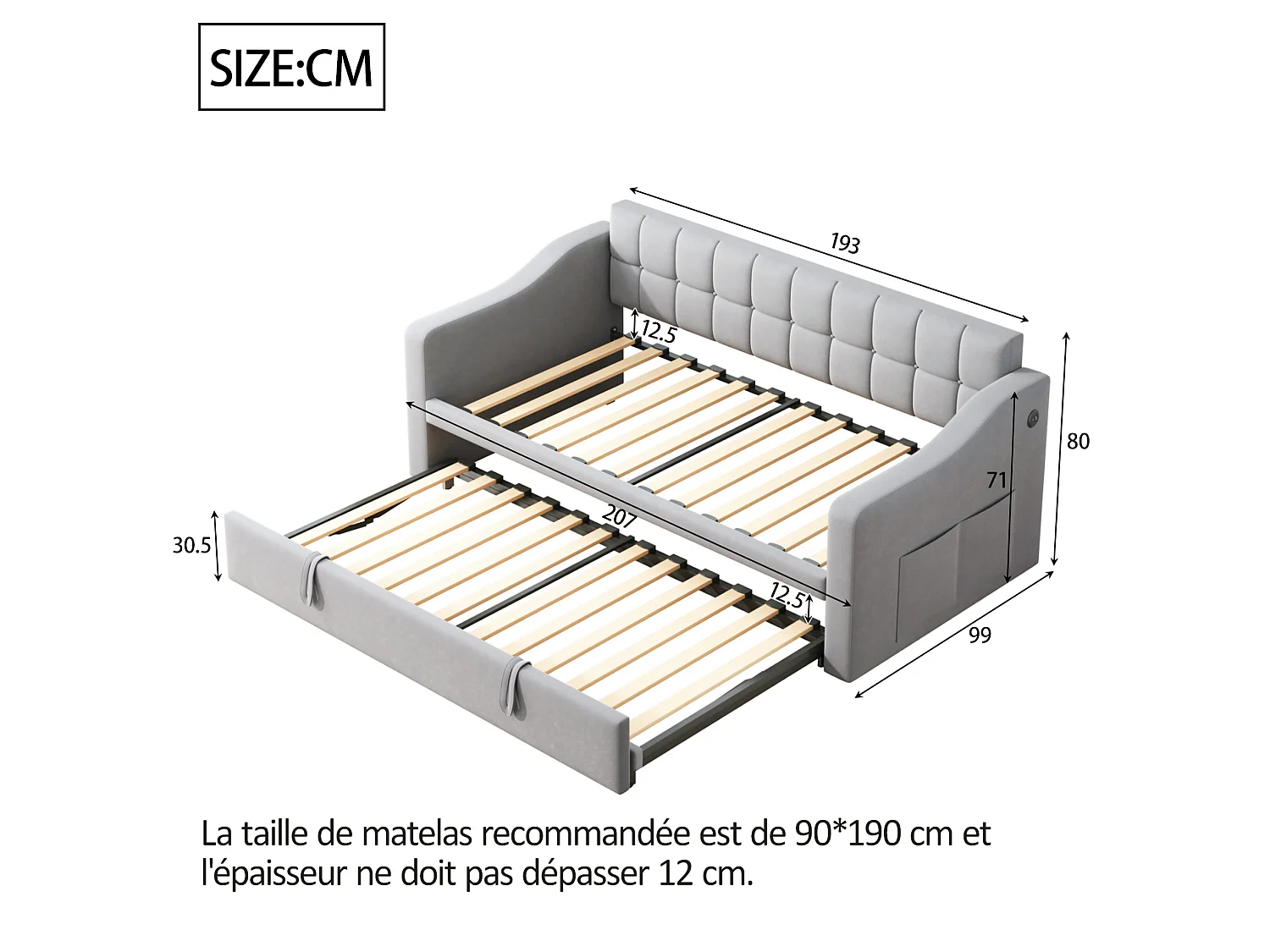 Lit banquette gigogne 90x190 cm en velours gris clair avec poches latérales, port USB, sans matelas