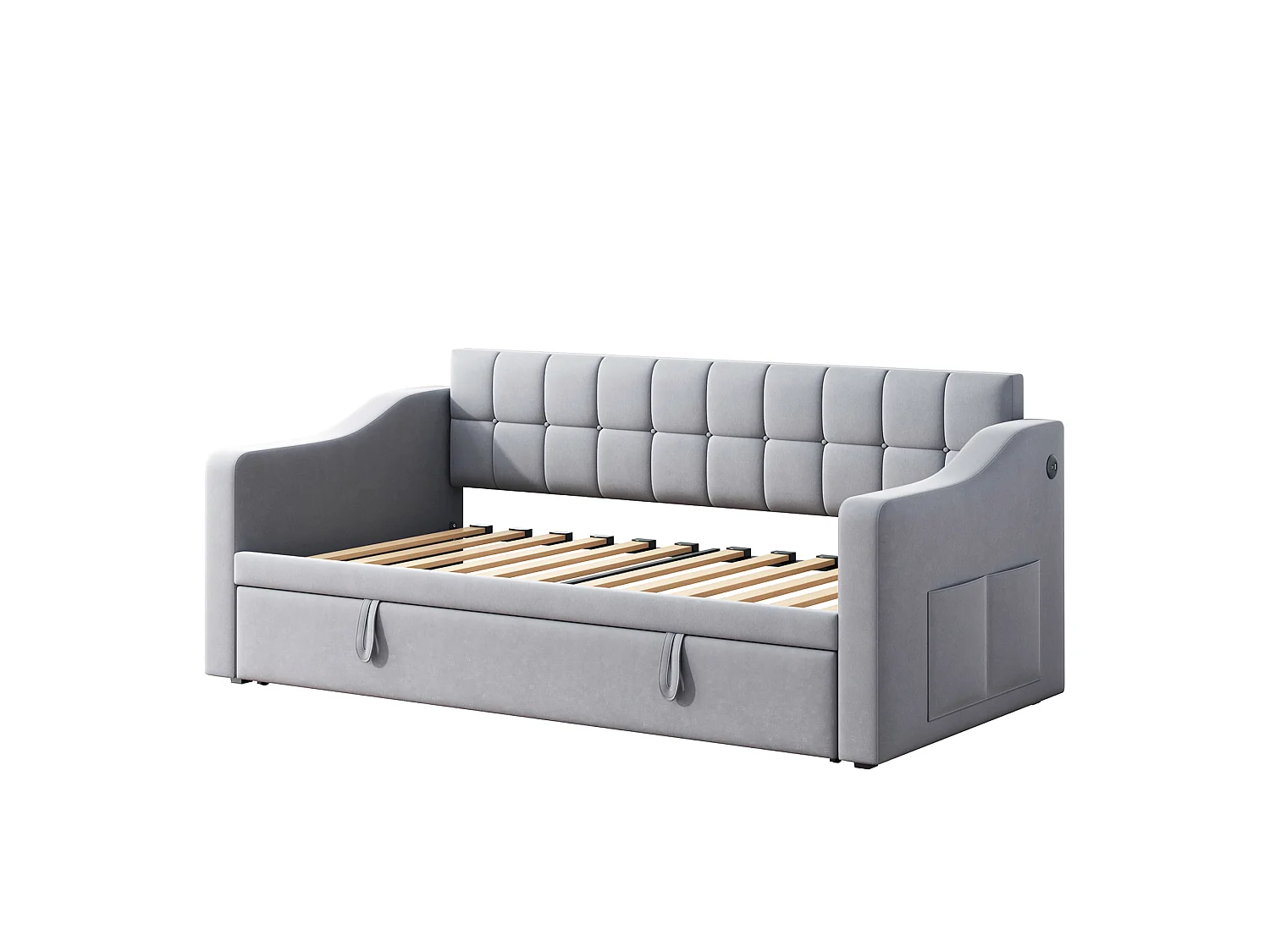 Lit banquette gigogne 90x190 cm en velours gris clair avec poches latérales, port USB, sans matelas