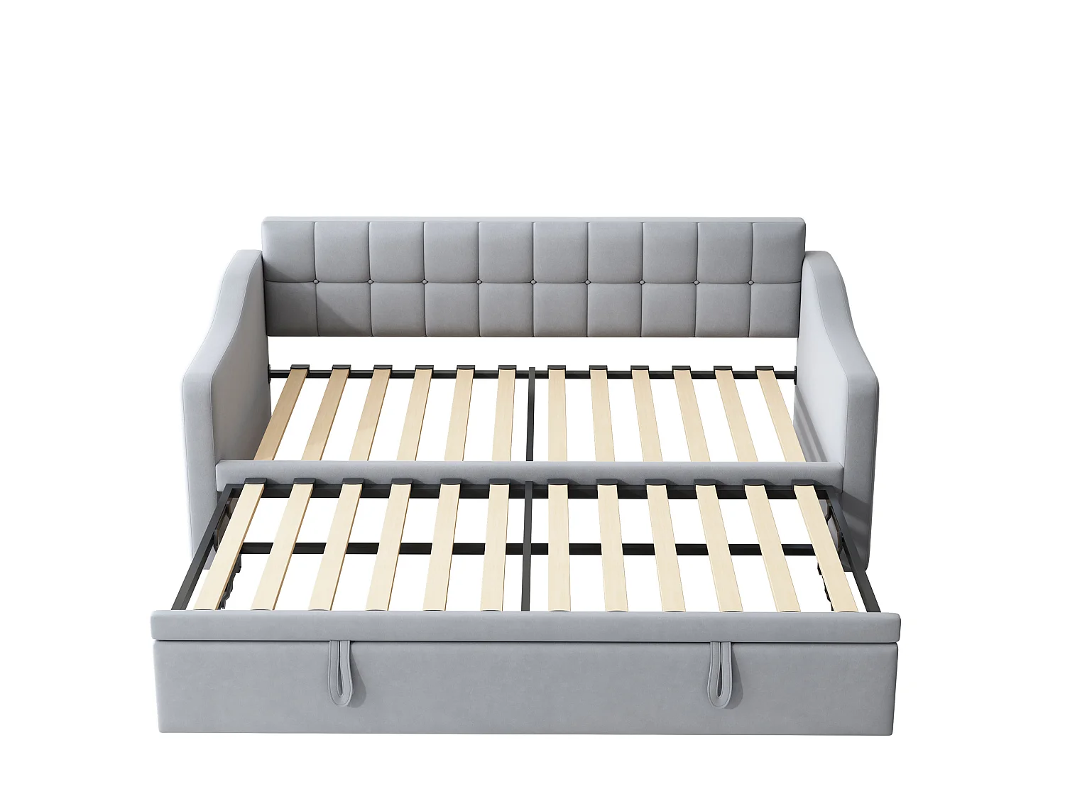 Lit banquette gigogne 90x190 cm en velours gris clair avec poches latérales, port USB, sans matelas