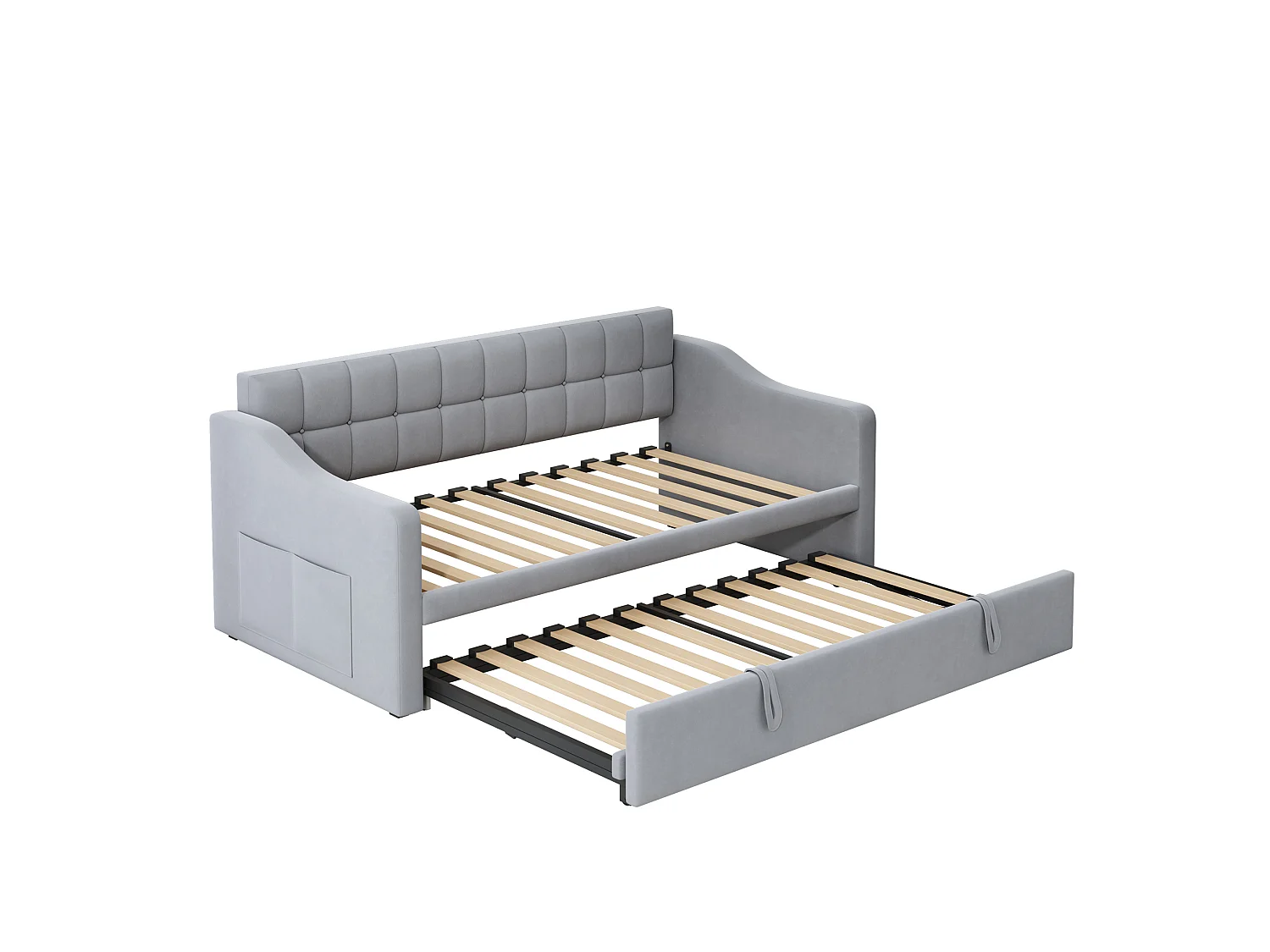 Lit banquette gigogne 90x190 cm en velours gris clair avec poches latérales, port USB, sans matelas