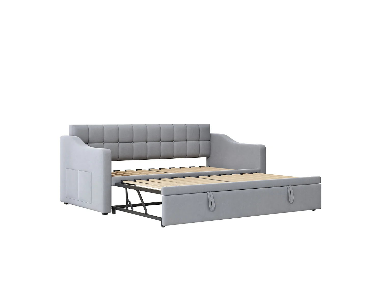 Lit banquette gigogne 90x190 cm en velours gris clair avec poches latérales, port USB, sans matelas