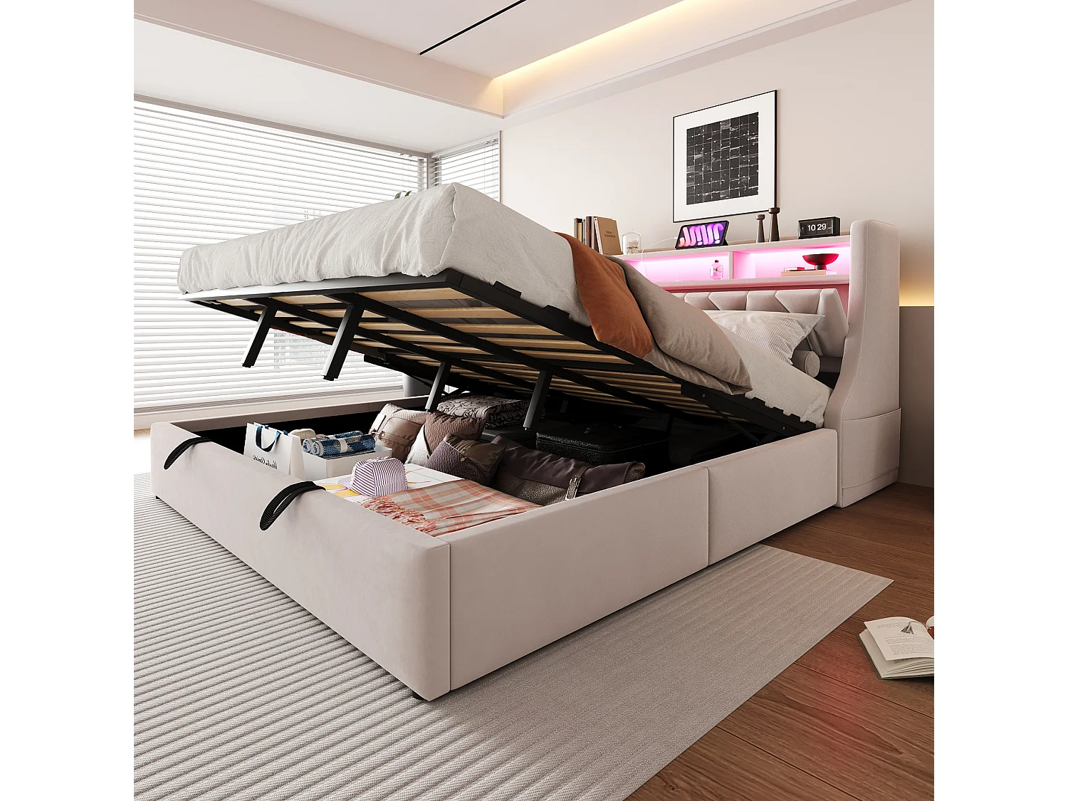 Opbergbed 180x200 cm van beige fluweel met opbergruimte in het hoofdeinde, LED‑verlichting, USB‑C‑poorten, zonder matras