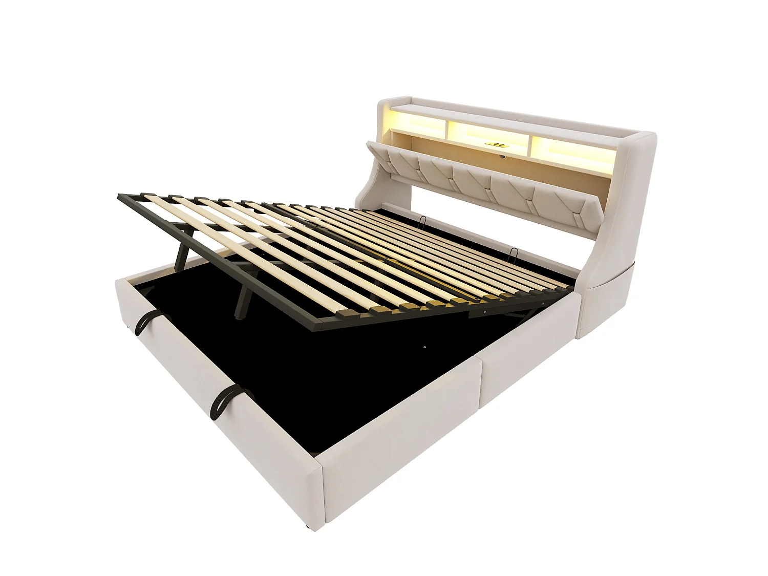 Opbergbed 180x200 cm van beige fluweel met opbergruimte in het hoofdeinde, LED‑verlichting, USB‑C‑poorten, zonder matras