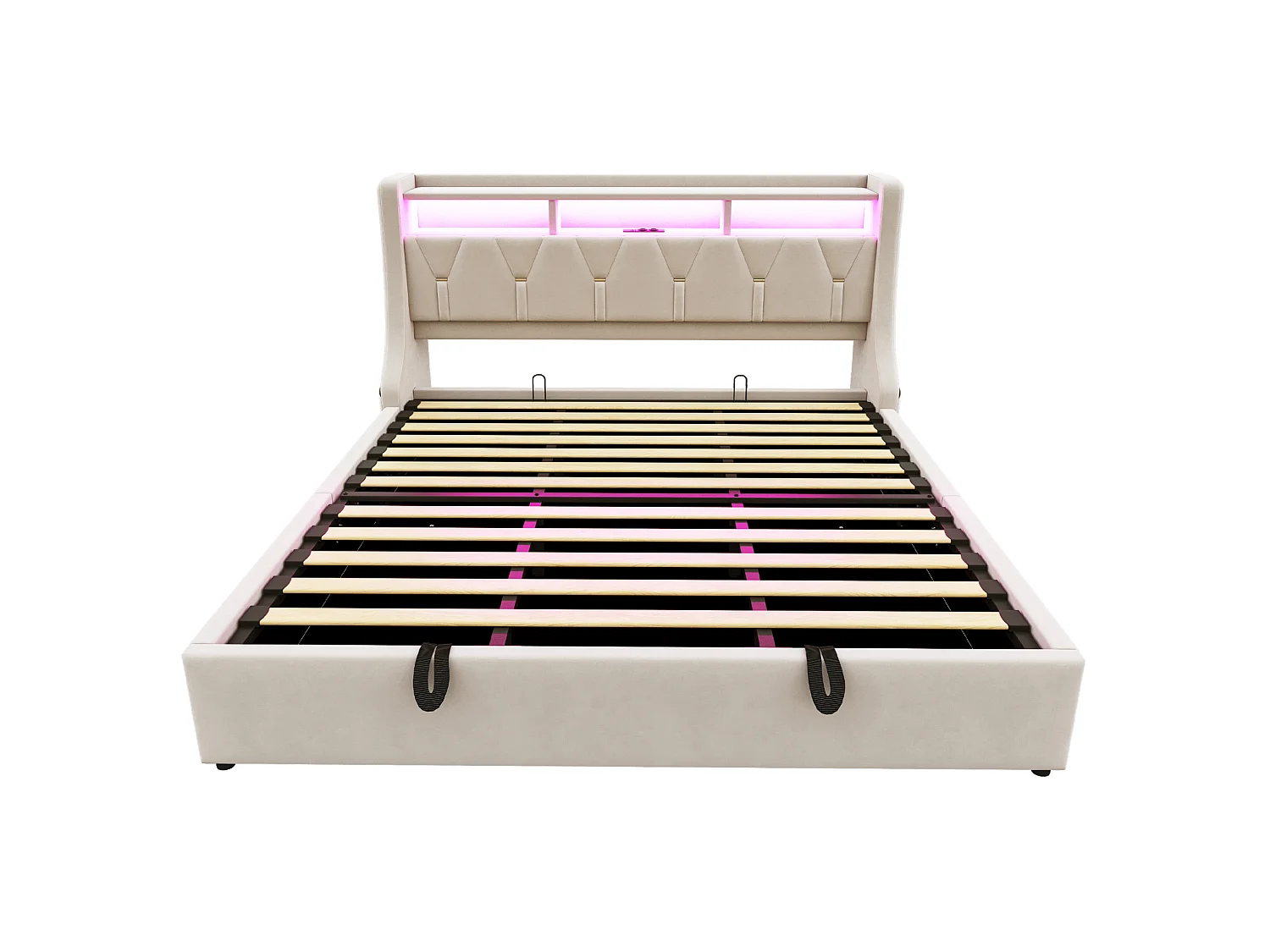 Opbergbed 180x200 cm van beige fluweel met opbergruimte in het hoofdeinde, LED‑verlichting, USB‑C‑poorten, zonder matras