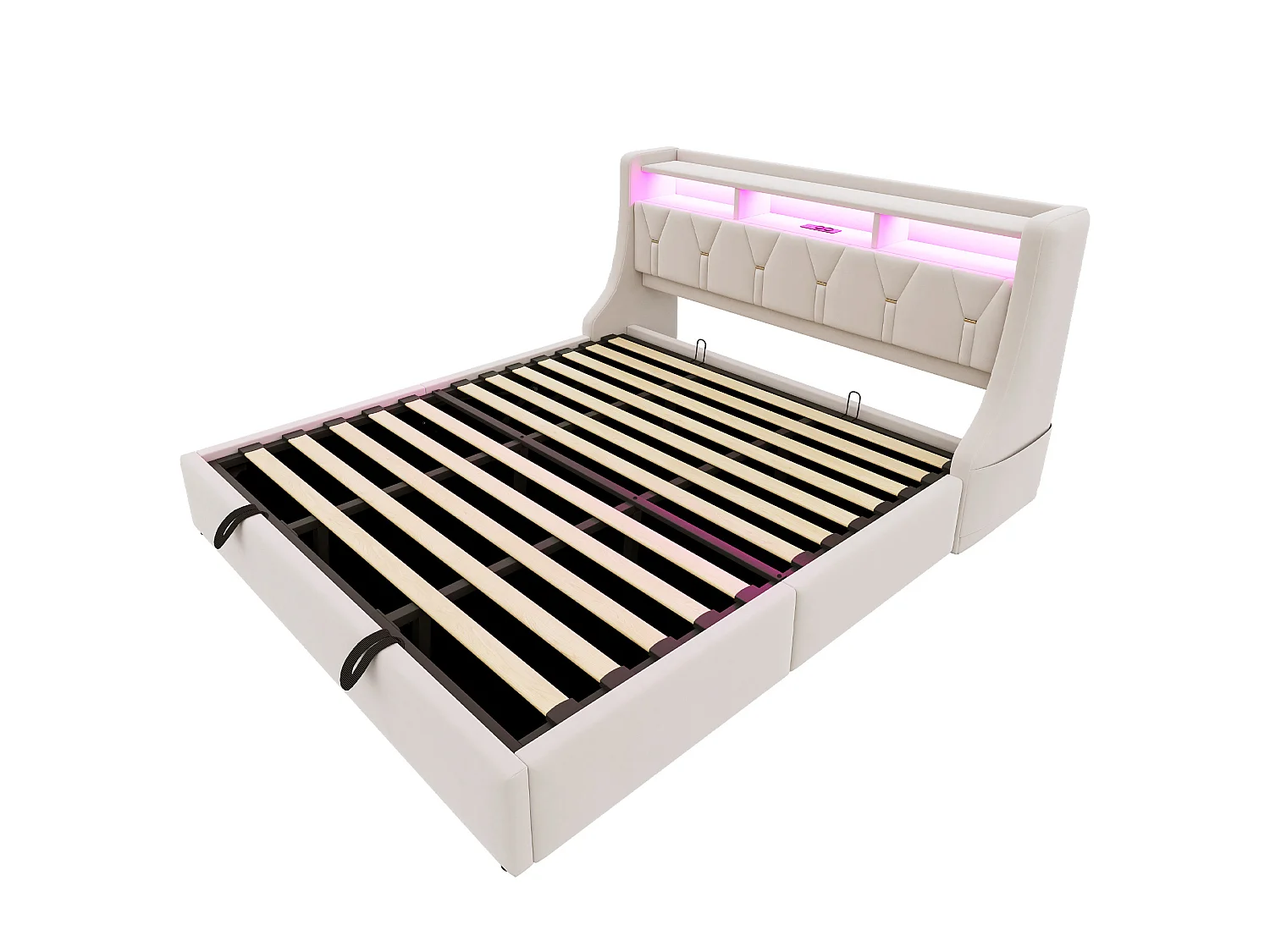 Opbergbed 180x200 cm van beige fluweel met opbergruimte in het hoofdeinde, LED‑verlichting, USB‑C‑poorten, zonder matras