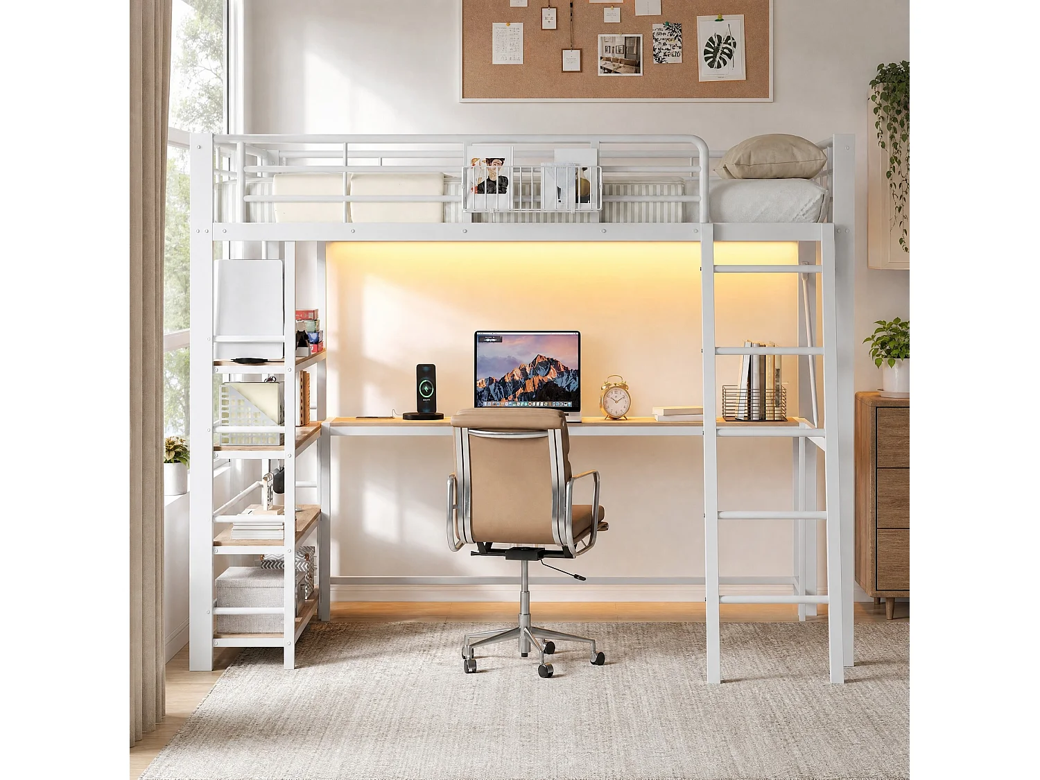 Cama alta 140x200 cm de metal y MDF blanco con escritorio, estanterías, iluminación LED y puerto USB, sin colchón