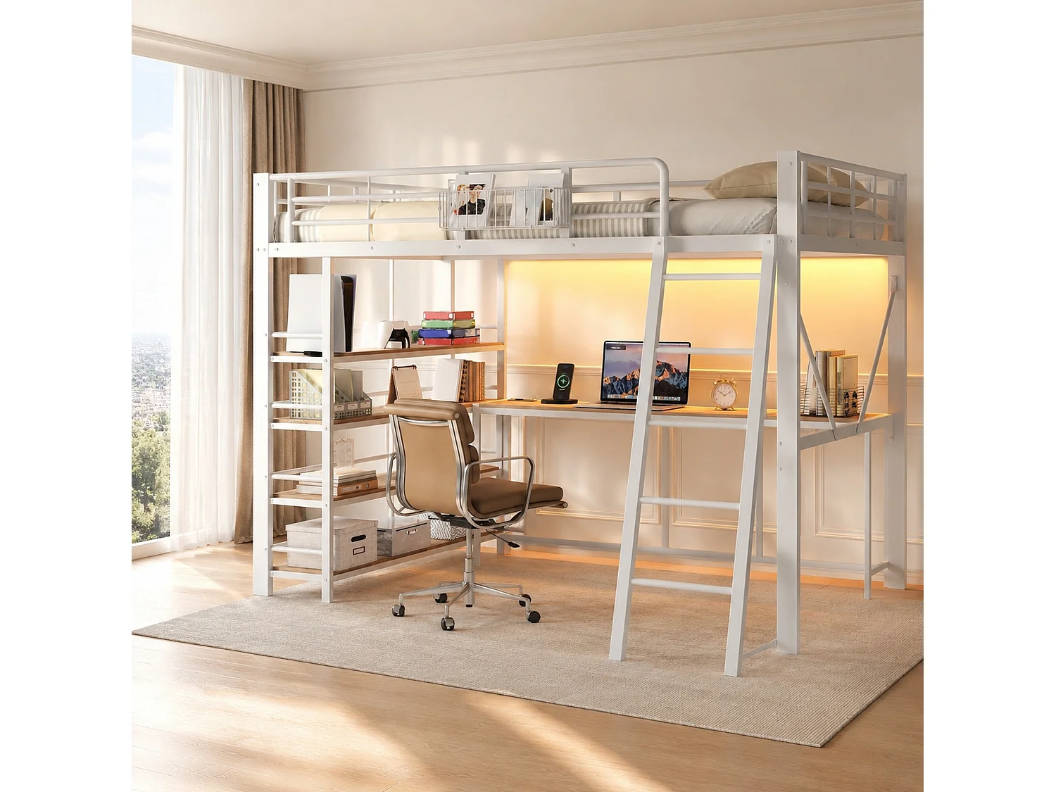 Cama alta 140x200 cm de metal y MDF blanco con escritorio, estanterías, iluminación LED y puerto USB, sin colchón