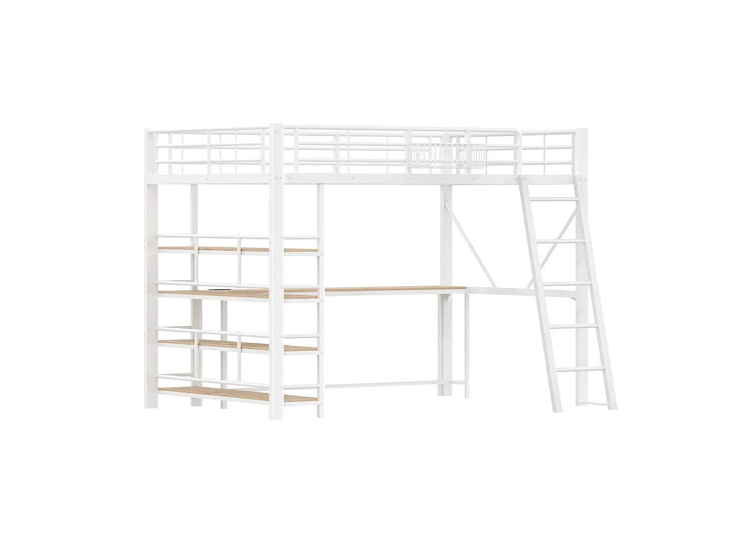 Cama alta 140x200 cm de metal y MDF blanco con escritorio, estanterías, iluminación LED y puerto USB, sin colchón