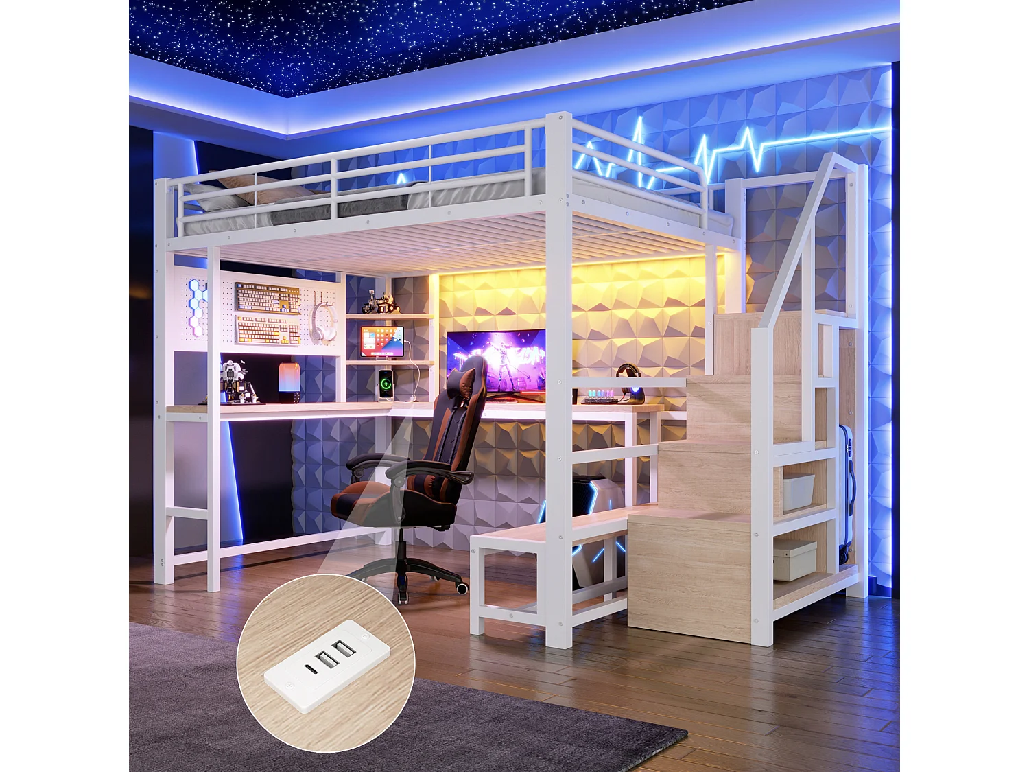 Cama alta 140x200 cm de metal y MDF blanco con escritorio, espacios de almacenamiento, LED y puertos USB y Type‑C, sin colchón