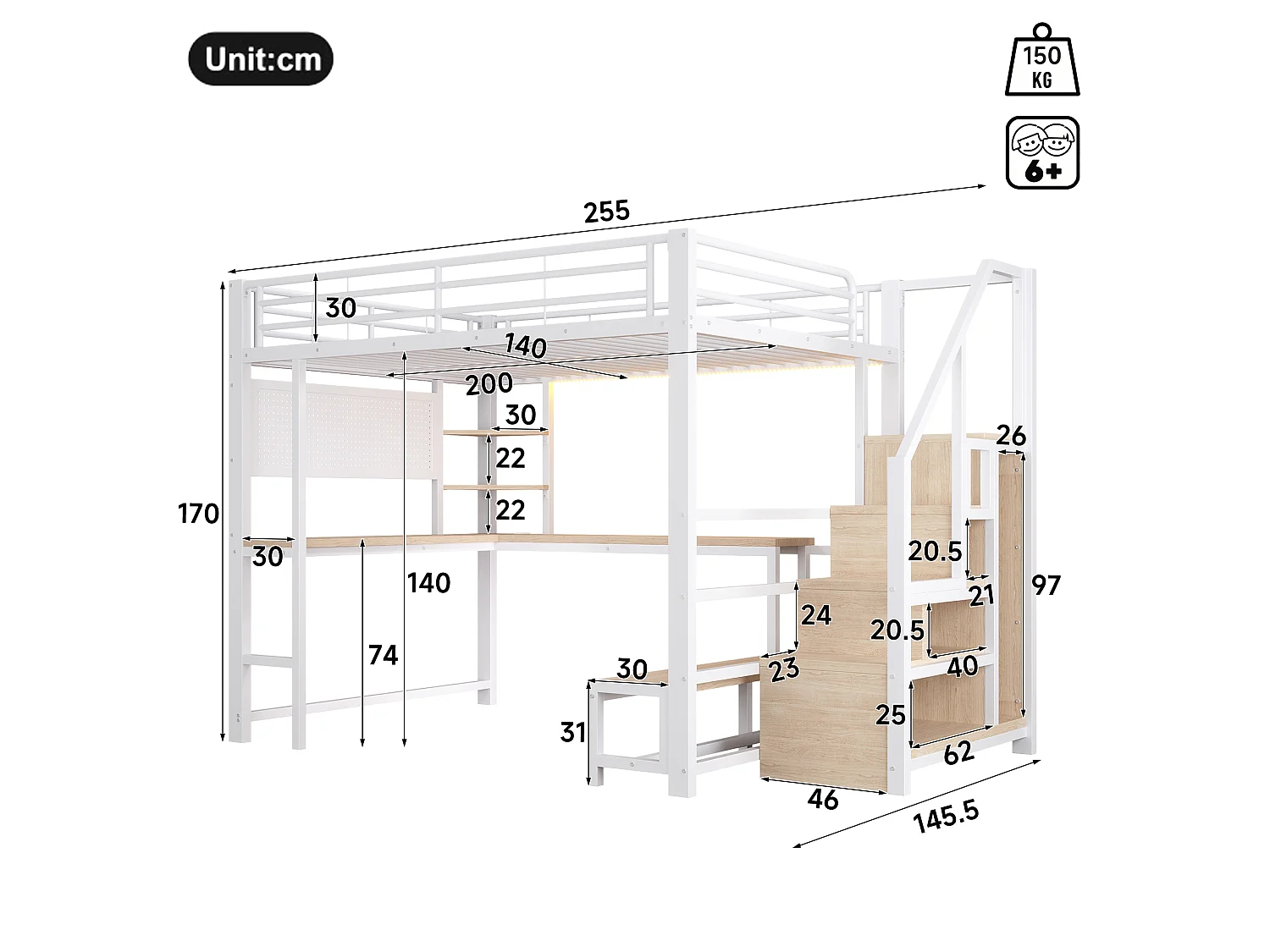 Cama alta 140x200 cm de metal y MDF blanco con escritorio, espacios de almacenamiento, LED y puertos USB y Type‑C, sin colchón